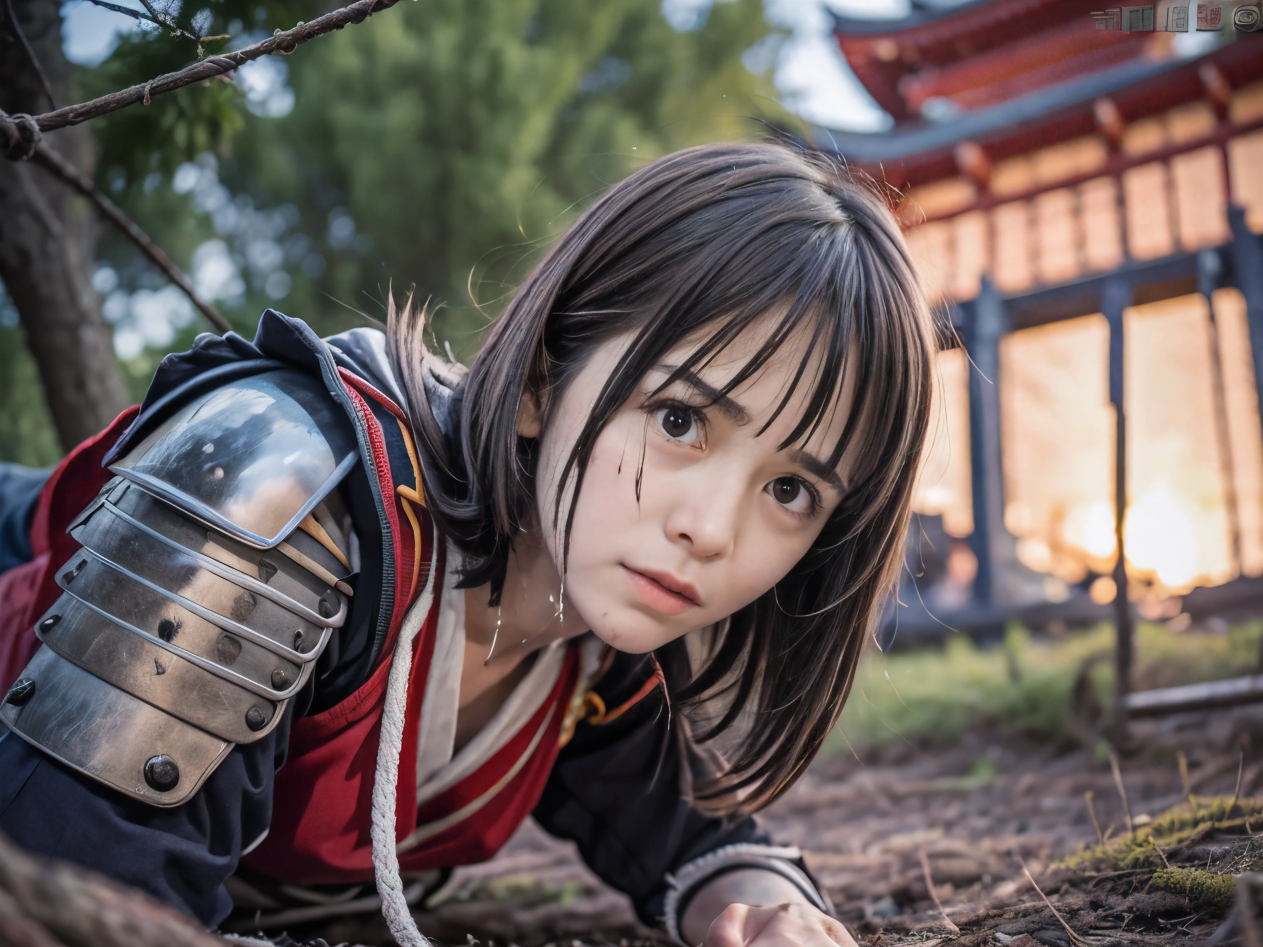 (Low angle shot of one slender small breasts round face brown short hair with bangs girl in a samurai silver armor:1.5)、(One girl is lying with her back behind on the wilderness land at the Sengoku period in Japan with crying dirty sperm splashed face:1.5)、(One girl has splashed sperm and blood on her face and body:1.5)、(One girl is tied wrist by rope:1.5)、(The big fire and burning trees on the wilderness land with red sky:1.5)、(blurred background:1.5)、(Natural light:1.5)、(8k ultra detailed master piece:1.5)、(perfect anatomy:1.5)、(Photorealistic stick:1.5)、(Raw photo:1.3)、(highest quality:1.5)、(High resolution:1.3)、(Delicate and beautiful perfect face:1.3)、(Delicate and beautiful eye air skin:1.3)、(Real Human Skin:1.3)、((thin legs))