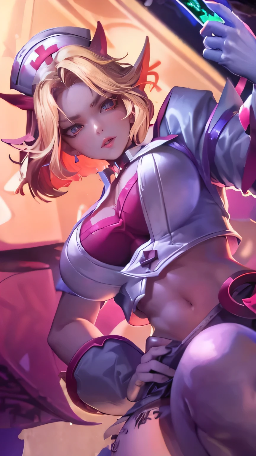 turn_nurse|Arena of Valor, master-piece, bestquality, 1girls,25 years old, proportional body, elongated legs, Beautiful, proportional., crop top, Long Jeans, gigantic breasts, ,bara, crop top, choker, (Graffiti:1.5), Splash with purple lightning pattern., arm behind back, against wall, View viewers from the front., Thigh strap, Head tilt, bored,