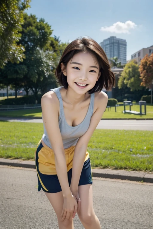 Beautiful Face、beautiful girl、One Girl、Healthy Skin、Bright autumn sun、Blue Sky、Detailed Hair、Small breasts、(Cleavage)、Slender、Hair blowing in the wind、(full body shot)、in the park、At the starting line、Angle of view from the front、(Sweaty body)、A shy smile、Short Hair、Racing Shorts、Sleeveless Running Shirt、Slit eyes、

