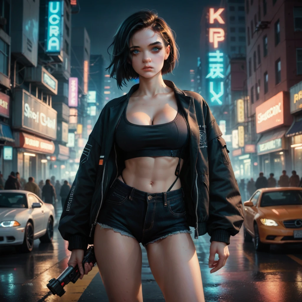  a pretty cyberpunk girl holding a technological weapon in a futuristic city confronting armed robots in an urban war, Girl in a black cyberpunk jacket , Neon blue eyes, black and straight hair,  short shoulder-length hair , white skin, young face, beautiful eyelashes, thin eyebrows, neon lights, Futuristic Technology, realistic image, professional photo, perfect face, perfect eyes,  perfect hands, perfect arms, perfect fingers, perfect legs, Lean body,  large breasts , better quality, extremely detailed, high resolution, High contrast,  high definition,  perfect proportions , high saturation, perfect asymmetry , bright, FIRST WORK