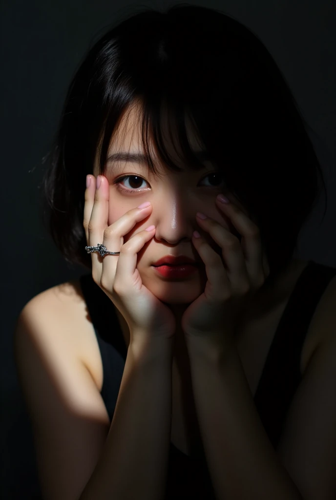 Asian Portrait,Short portrait,Black Hair,partially illuminated by a narrow beam of light, and,Hands covering part of face,Adorn younger with a minimalist ring,メイクは目and唇に重点を置いた控えめなもの,The face looks thoughtful,Shadows add drama,The composition is intimate,配色は暗い色調andハイライトに頼っている,Close-up angles emphasize emotional depth,The scene exudes an artistic and atmospheric feel..,