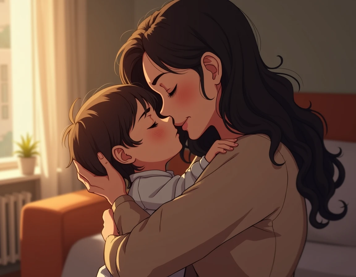 score_9, score_8_up, score_7_up, source_anime, 1boy, 1girl, mature female is smiling, mother and son, ???, sitting side by side, looking at each other, mother's hand on son's mouth, in a living room, ((kissing))