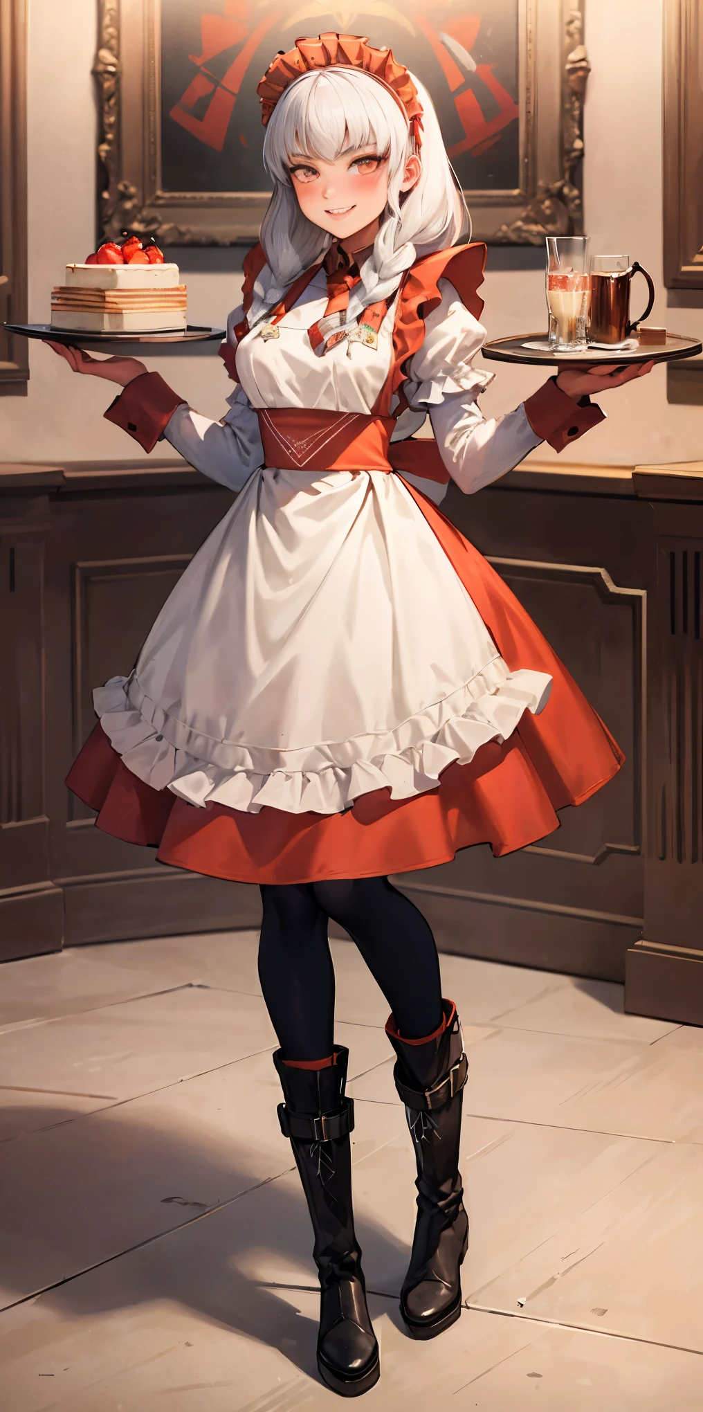 full body standing straight symmetrical, lustful smirking smile face red blush red cheeks, looking at viewer, holding tray, braid, maid headdress, maid, dress, apron, long sleeves, brown pantyhose, long leather military boots, thighs, long white hair, masterpiece