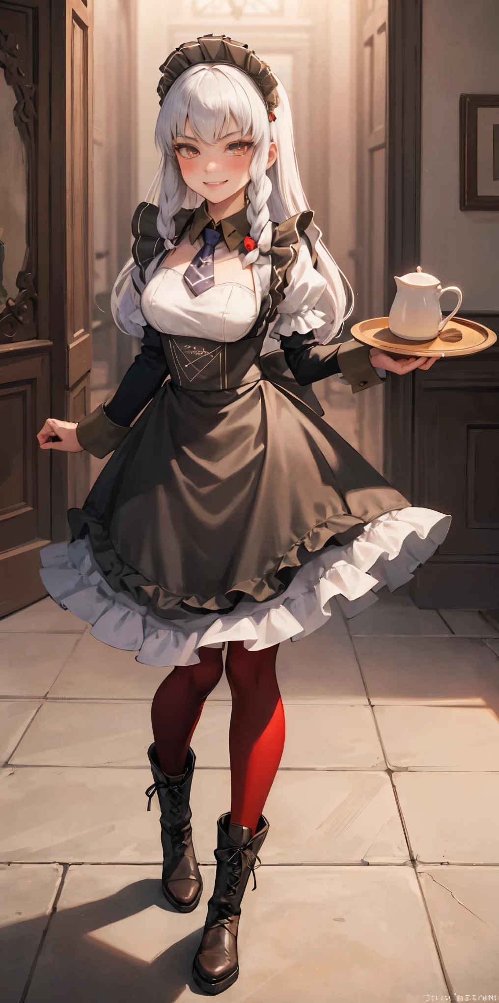 full body standing straight symmetrical, lustful smirking smile face red blush red cheeks, looking at viewer, holding tray, braid, maid headdress, maid, dress, apron, long sleeves, brown pantyhose, long leather military boots, thighs, long white hair, masterpiece