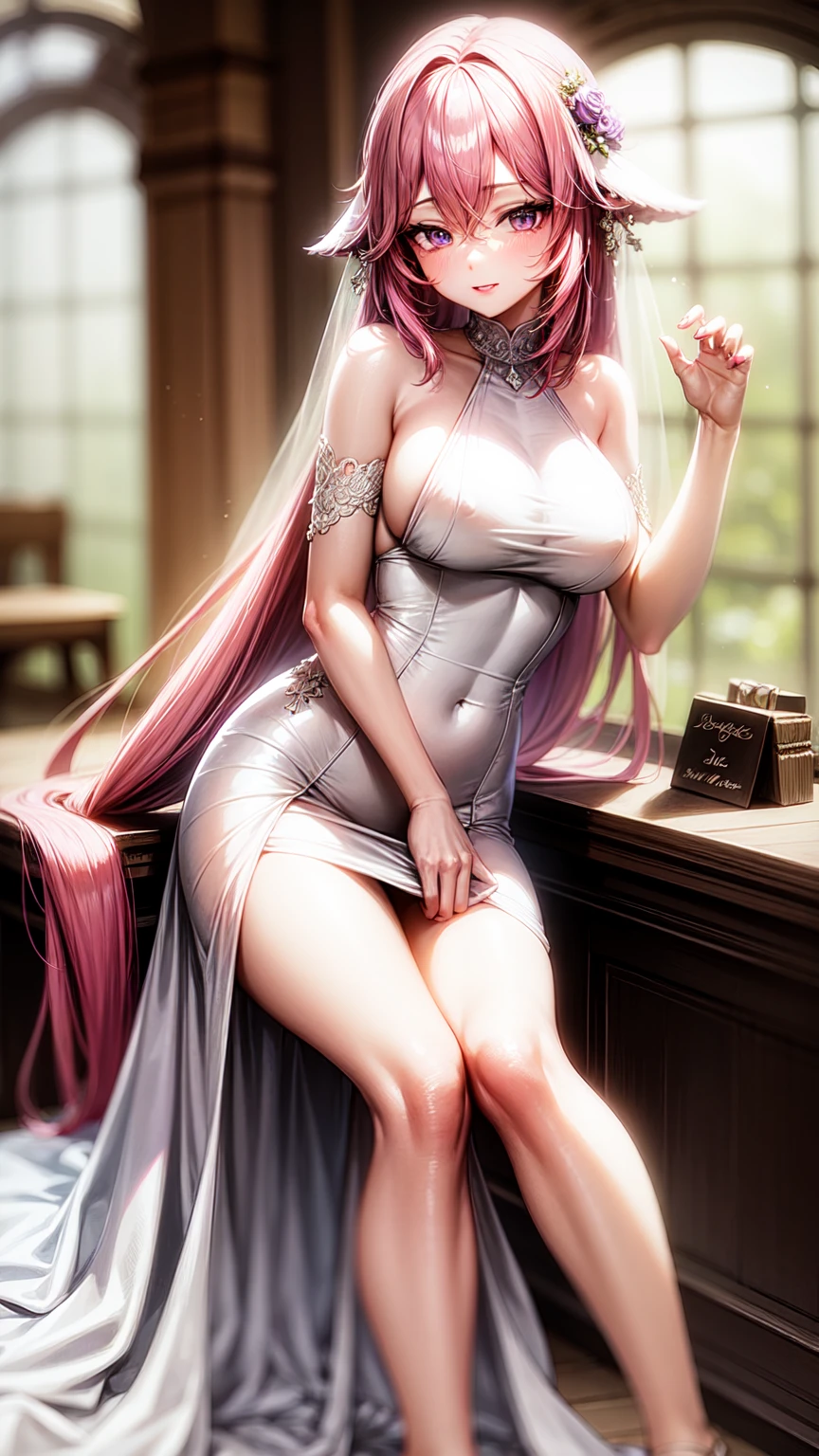 Best Quality, Masterpiece, Portrait, Perfect Anatomy, Femininity, Cool, Flawless, One Woman, Solo, Sexy, Stylish, Mature, Purple Eyes, Long Light Pink Hair, Big Breasts, Wet Nipples, Sheer Dress, Evening, Cocktail Glass, bed, black bed, red lipstick, long hair