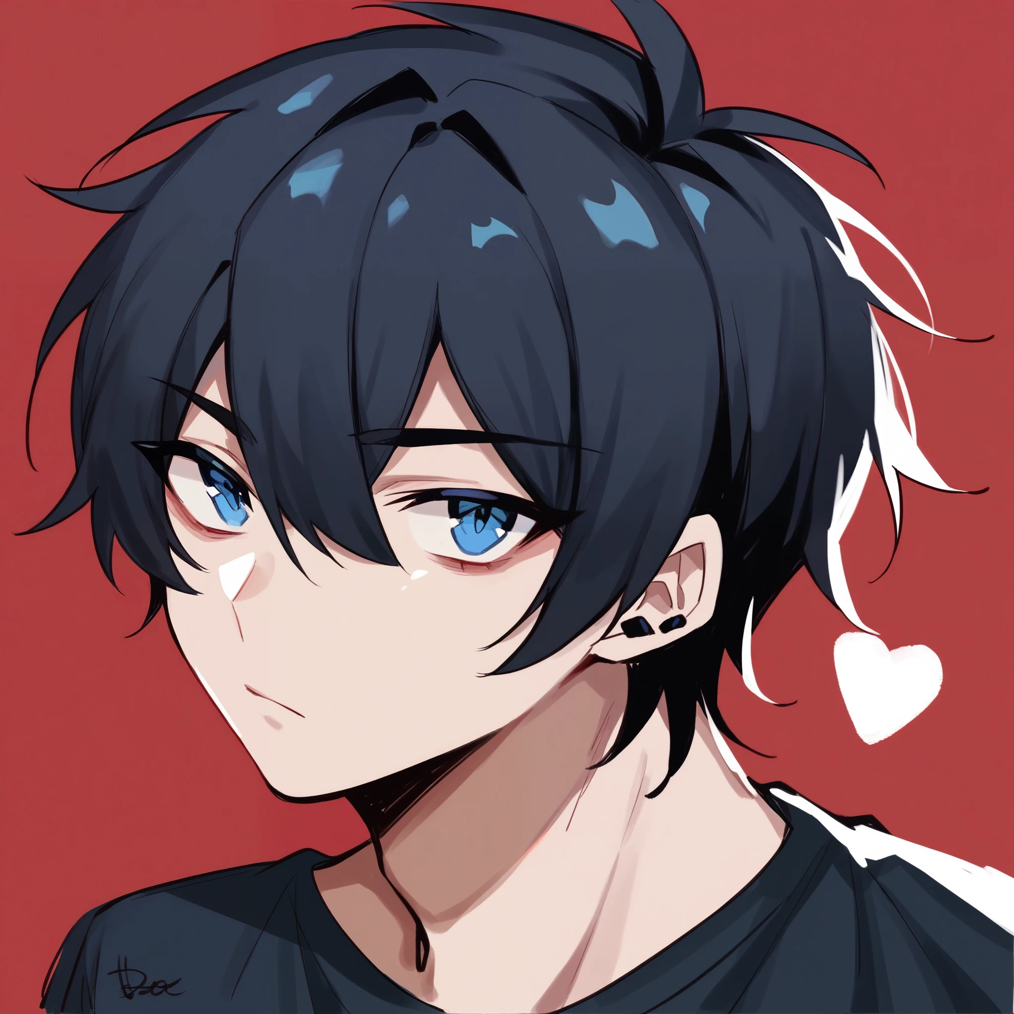 boy , black hair, detailed hair, blue eyes, wide hips, profile picture, emo, edgy, red cute background