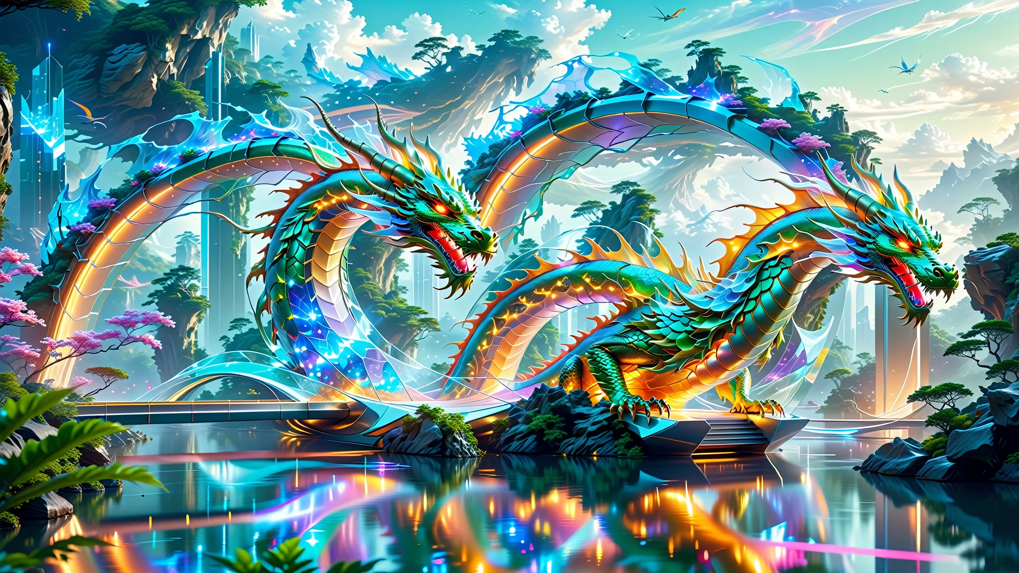 A Masterpiece In 32K Resolution, Supreme Quality, Super Detail, Official Art, Very High-Resolution 32K Wallpaper. Gleaming And Technological, Ultra-Detailed Features. An Ethereal Dragon Made Of Light And Energy, Twisting Through A Landscape Of Floating Islands And Transparent Bridges. The Surrounding Environment Is A Fusion Of Futuristic Architecture And Lush Greenery. The Dragon’s Radiant Aura Illuminates The Path Ahead, Merging The Elements Of Nature And Modern Innovation In Perfect Unison.