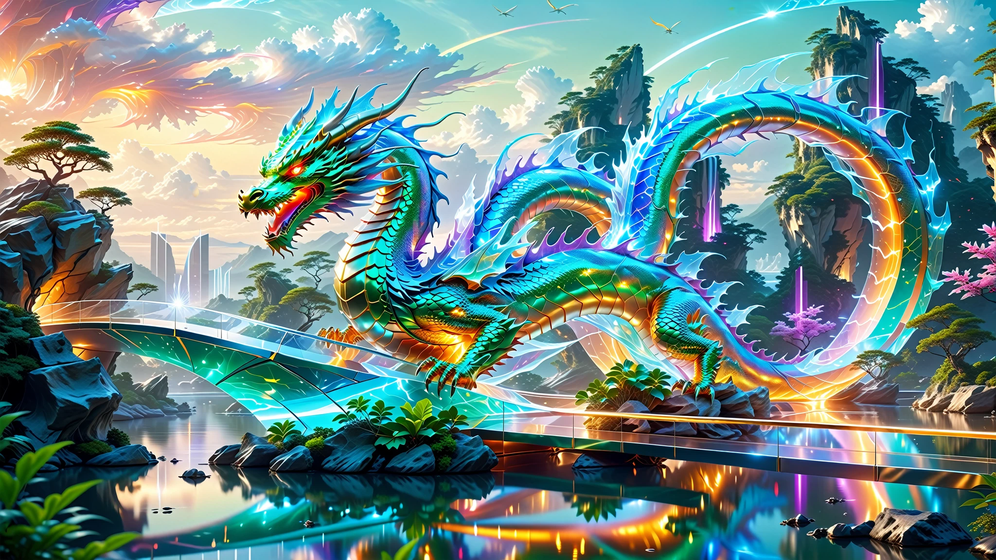 A Masterpiece In 32K Resolution, Supreme Quality, Super Detail, Official Art, Very High-Resolution 32K Wallpaper. Gleaming And Technological, Ultra-Detailed Features. An Ethereal Dragon Made Of Light And Energy, Twisting Through A Landscape Of Floating Islands And Transparent Bridges. The Surrounding Environment Is A Fusion Of Futuristic Architecture And Lush Greenery. The Dragon’s Radiant Aura Illuminates The Path Ahead, Merging The Elements Of Nature And Modern Innovation In Perfect Unison.