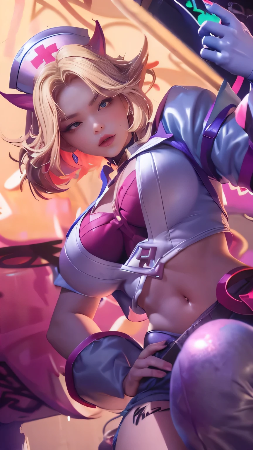 turn_nurse|Arena of Valor, master-piece, bestquality, 1girls,25 years old, proportional body, elongated legs, Beautiful, proportional., crop top, Long Jeans, gigantic breasts, ,bara, crop top, choker, (Graffiti:1.5), Splash with purple lightning pattern., arm behind back, against wall, View viewers from the front., Thigh strap, Head tilt, bored,