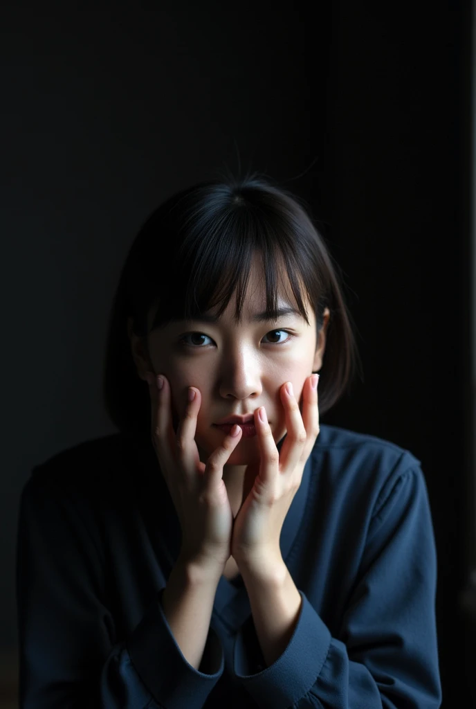 Asian Portrait,Short portrait,Black Hair,partially illuminated by a narrow beam of light, and,Hands covering part of face、メイクは目and唇に重点を置いた控えめなもの,The face looks thoughtful,Shadows add drama,The composition is intimate,配色は暗い色調andハイライトに頼っている,Close-up angles emphasize emotional depth,The scene exudes an artistic and atmospheric feel..,