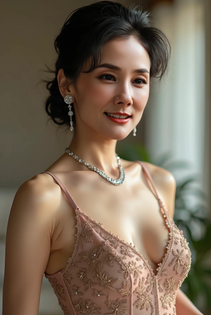 (((Ultimate Photorealistic, ultimate high-quality 32k photo))),(((American-shot photo taken from the front, looking at viewer seriously ))),(((( Seductive pose, 7 heads、Staring Intently :1.8)))),(((A simple and elegant short-sleeved business blouse made of beige lacy, extremely thin fabric with a wide V-neck., Soaking wet、She is looking straight at the camera with a very shy look on her face.。light makeup、elegant black wet middle bob。An elegant and simple beige very thin choker.:1.4)))。((Highest quality)), ((masterpiece)), (((detailed))), (midnight ,Modern hotel bar on a dark pouring stormy night, Sitting on a bar stool with her legs wide apart、 Low Key Lighting:1.6)、(((A very beautiful, extremely elegant and intelligent 42 year old Japanese woman。A feminine, curvaceous body。Beautiful line from hips to thighs、An extremely elegant, calm and modest smile, Being drunk、My eyes are extremely watery、I'm very horny、embarrassed ,blush, Curvy Body、Extremely realistic, detailed and beautiful depiction of the face, waist and thighs:1.9)))、(((The skin is white and very smooth。A very hot rainy summer night、I'm pretty sweaty、My clothes were soaked and pretty see-through.、When wet, it sticks tightly to the skin, revealing the beautiful lines of the body.、The skin is clearly visible through the extremely thin fabric.:1.9)))。(((A simple and elegant knee-length white lace business pencil skirt,The clothes fit the body very well:1.8))), ((Healthy Body、The line of the chest, collarbone and extremely beautiful and feminine décolleté are the ultimate beauty.:1.9))。(((large&good hips、large&nice chests )))