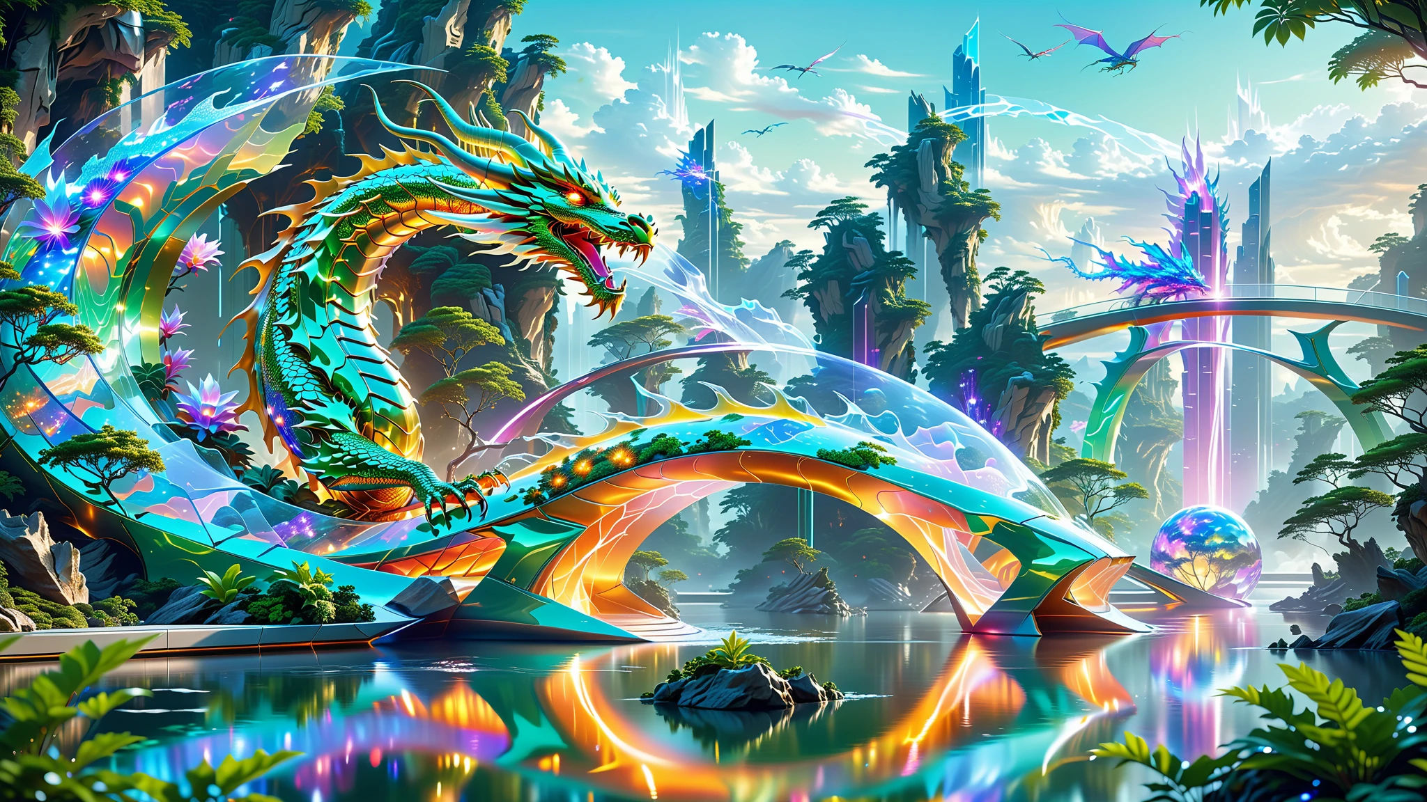 A Masterpiece In 32K Resolution, Supreme Quality, Super Detail, Official Art, Very High-Resolution 32K Wallpaper. Gleaming And Technological, Ultra-Detailed Features. An Ethereal Dragon Made Of Light And Energy, Twisting Through A Landscape Of Floating Islands And Transparent Bridges. The Surrounding Environment Is A Fusion Of Futuristic Architecture And Lush Greenery. The Dragon’s Radiant Aura Illuminates The Path Ahead, Merging The Elements Of Nature And Modern Innovation In Perfect Unison.