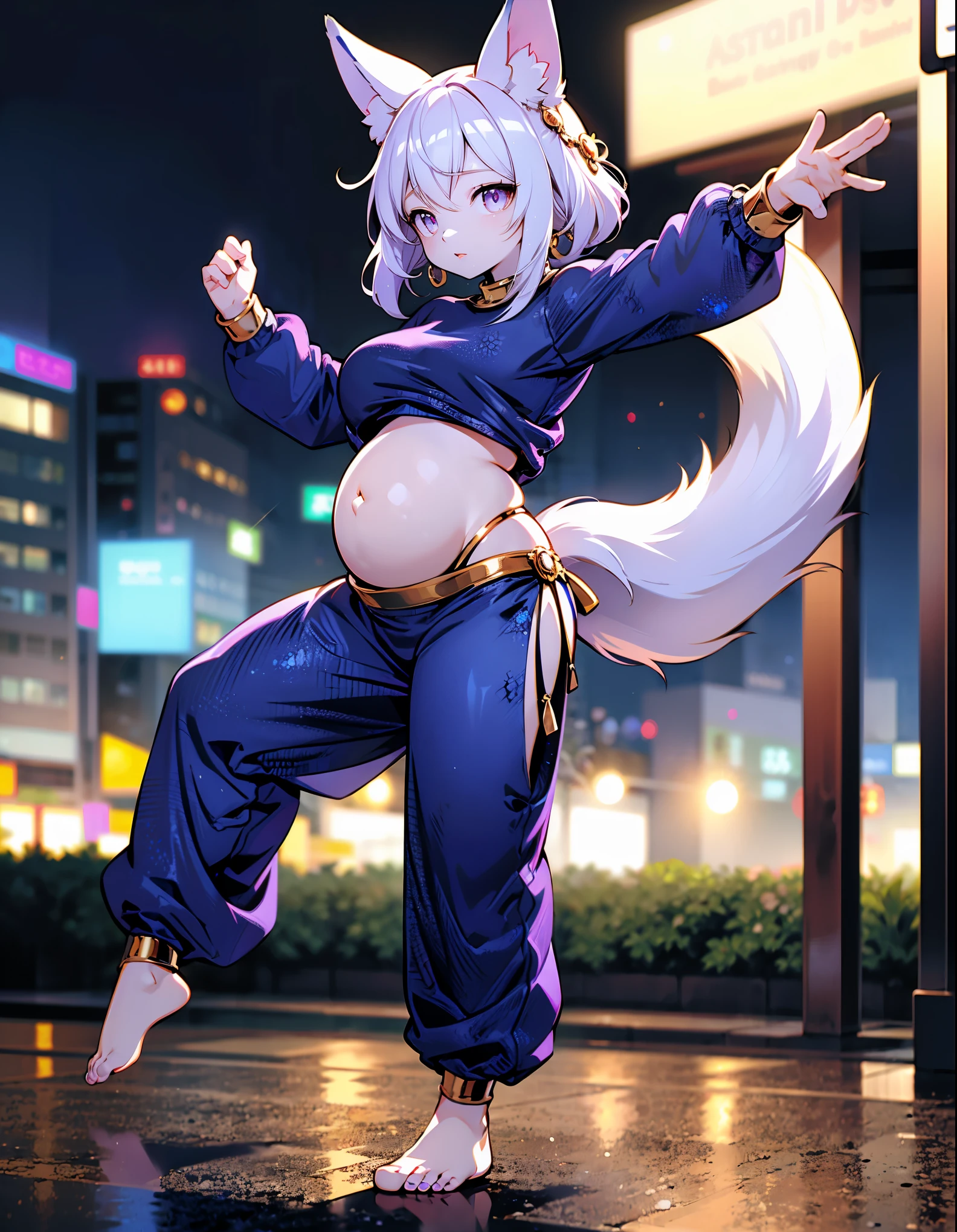 Prompt: (best quality, ultra-high resolution, depth of field:1.2), (full body shot:1.2), (perfect body:1.2), (oppai:1.2), (pregnant:1.2), (navel:1.2), (wide hips:1.2), beautiful face, (fox woman), radiant eyes, (purple eyes:1.2), (black hair), animal ears, (fox ears), (fox tail), (wearing a baggy harem belly dance pants:1.2), (bare feet:1.2), (long sleeves:1.2), (waist jewelry:1.2), (full of jewelry:1.2), night time, (multiple points of views), (standing:1.2), (dancing pose:1.2)