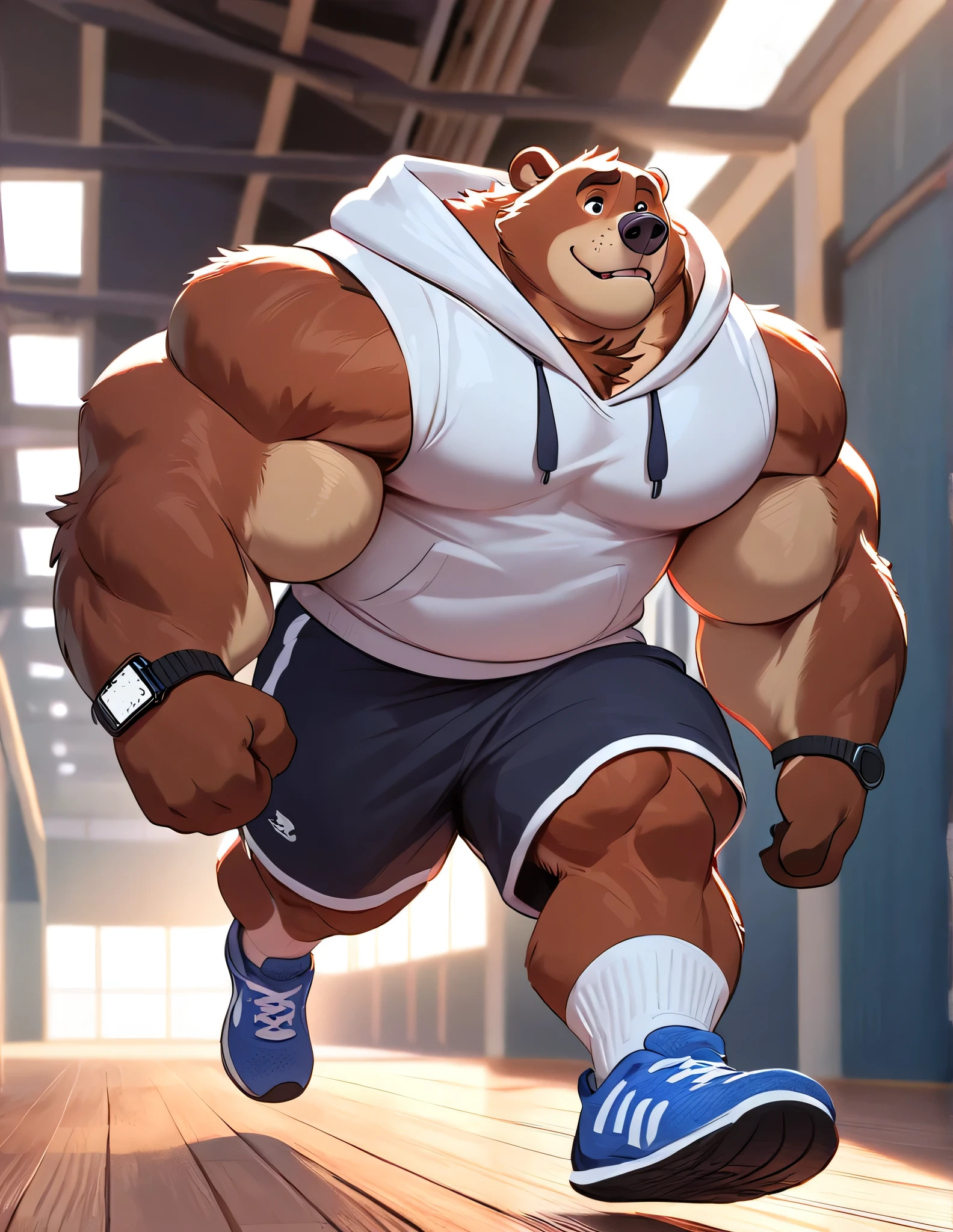 bara kodiak brown bear, strong physique, perfect anatomy, masterpiece, brown mustache and beard, wrinkles, huge brown fur, solo, great lighting, huge muscular, gym shorts, gym socks and shoes, hoodie sleeveless, gym watch, gym shorts, gymnasium warehouse, gym set, running, hyper muscular, height: 220cm, weight: 440lbs, thick arms, huge pectoral. Walt Disney 2D Zootopia Animation Art Style. 