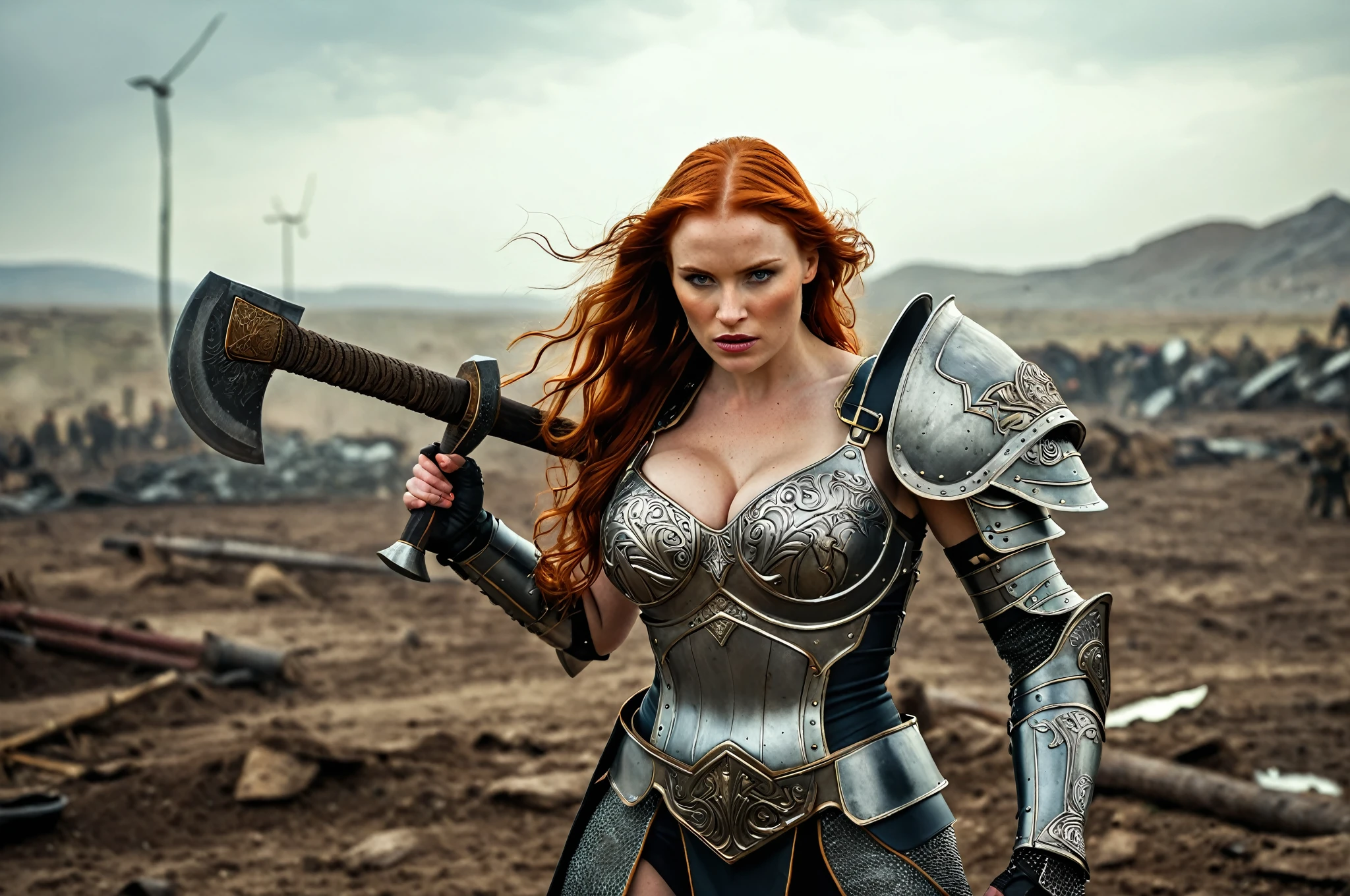 high quality portrayal, sharp facial features, sharp features, hawkish features, ultra-detailed features, ((realistic, photorealistic)). Gorgeous slim body, tight-fitting outfit, cleavage outfit, ((huge breasts)), ((large breasts)), mature redhead woman, Valkyrie warrior, dressed in steel iron armor, dented, impacts of blows, damaged, beaten (highly detailed armor), detailed costume, ((detailed apparels)). Body with scars, bumps, bruises detailed features. She is standing, holding a long steel axe in one of its hands. She is in the battlefield, it can be seen remnants and vestiges of a brutal battle. in the background the surroundings of epic battlefield can be seen in detail. ((sharp depth of field), ((intricate detail, detailed textures)), bright lighting, soft lighting, Global illumination.