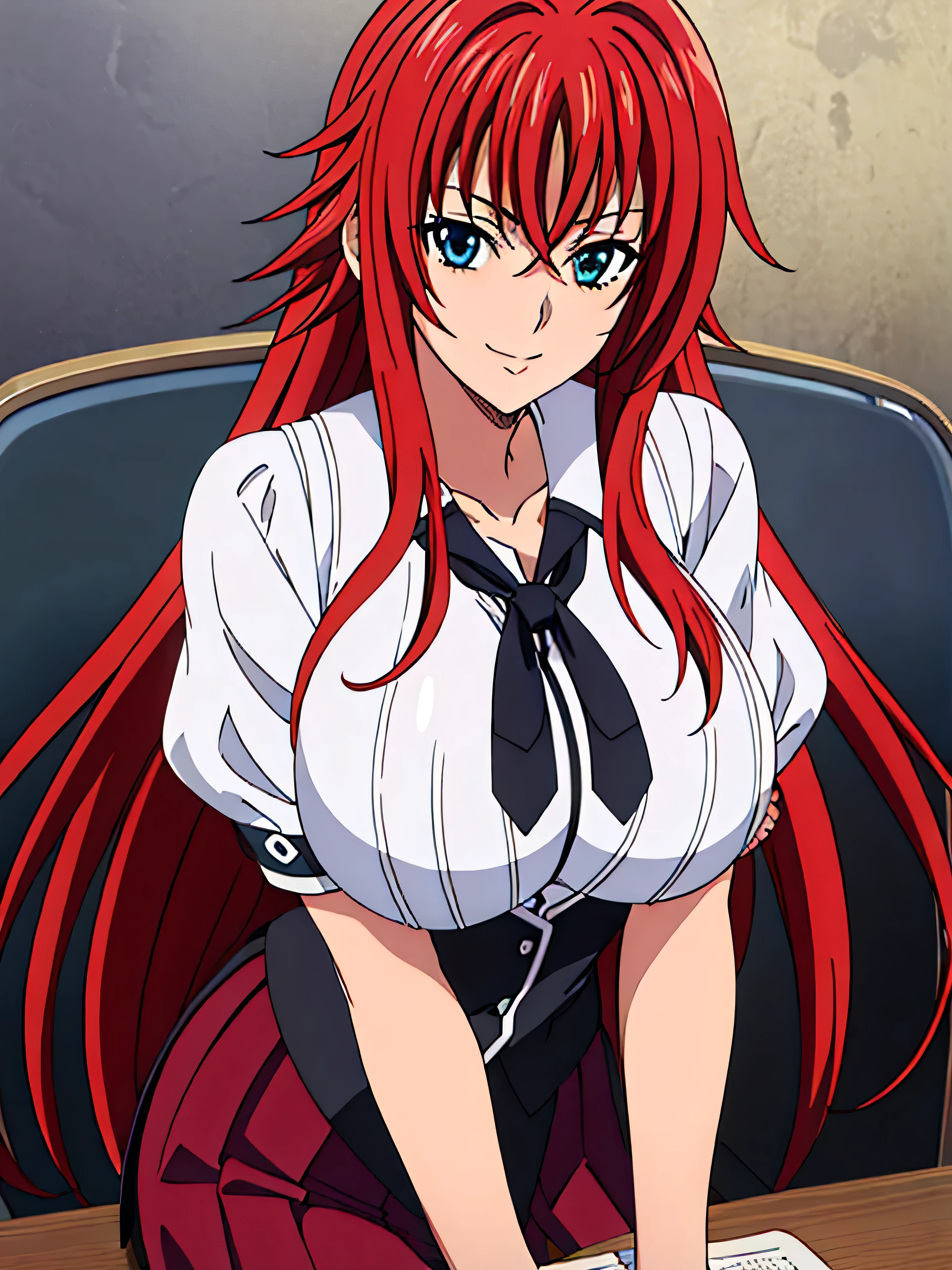  sitting on a school chair., Black Cloak, black neckwear, white shirt, Short sleeves, Red pleated skirt , Sailor collar, classroom background,  Rias Gremory ,   POV below the animated cell style, Top quality ,  high resolution, 1 woman, (Huge breasts:1.2),  beautiful face,  red hair,very long hair,  blue eyes on the desk,  Sneaking In , Smile, 