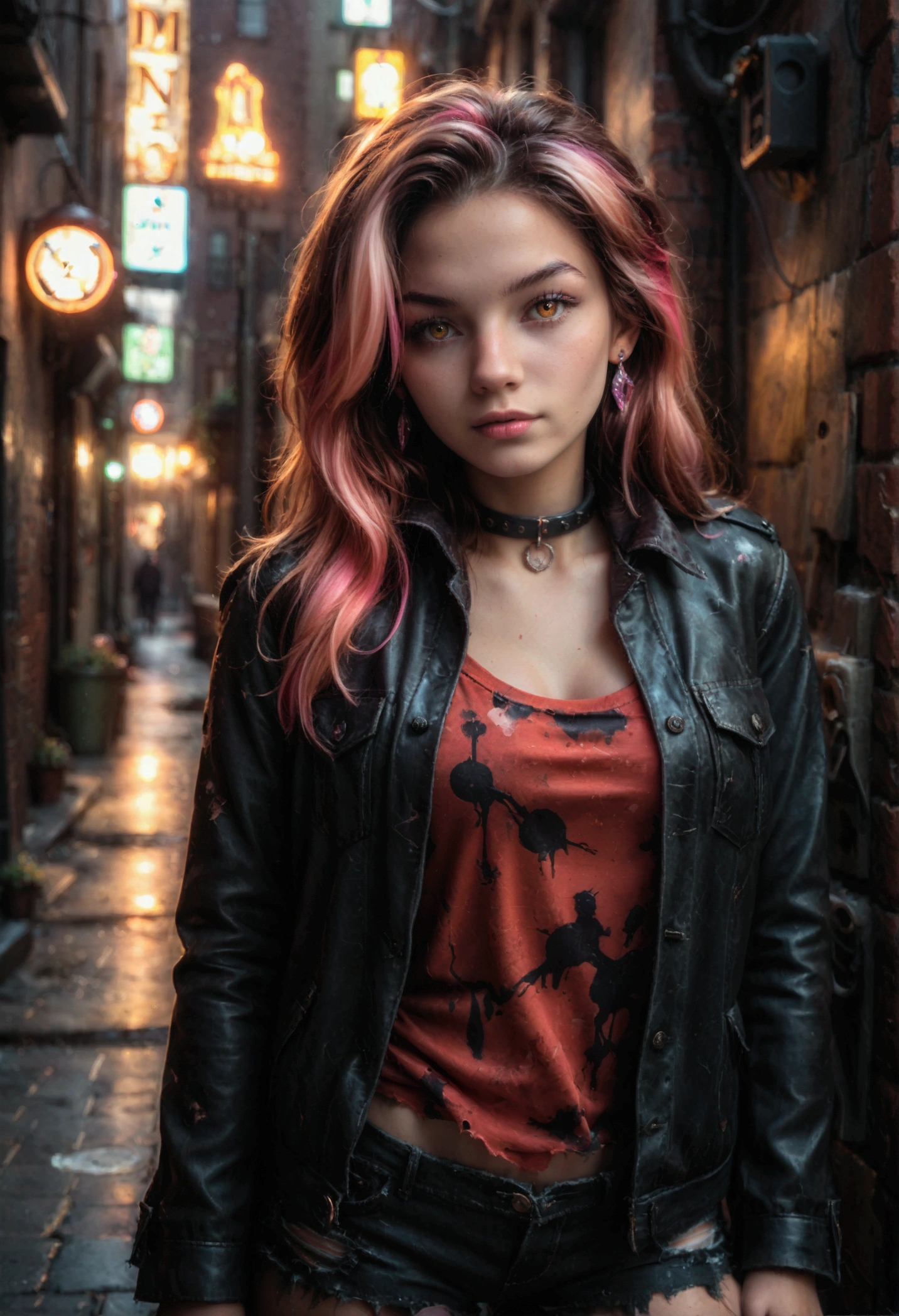 ( masterpiece , The best quality, 1  girl,Alone, intricate details,  chromatic aberration), realistic, ((medium breathing)),long hair, Red hair,  Red decoration on the head., pink highlights ,  amber eyes , earrings, Sharp eyes, collar,  Neon shirt ,  ripped shorts, jacket unbuttoned, high neck, Evening,  against the wall , brick wall, Painted,  dim lighting, Alley,  look at the spectator 