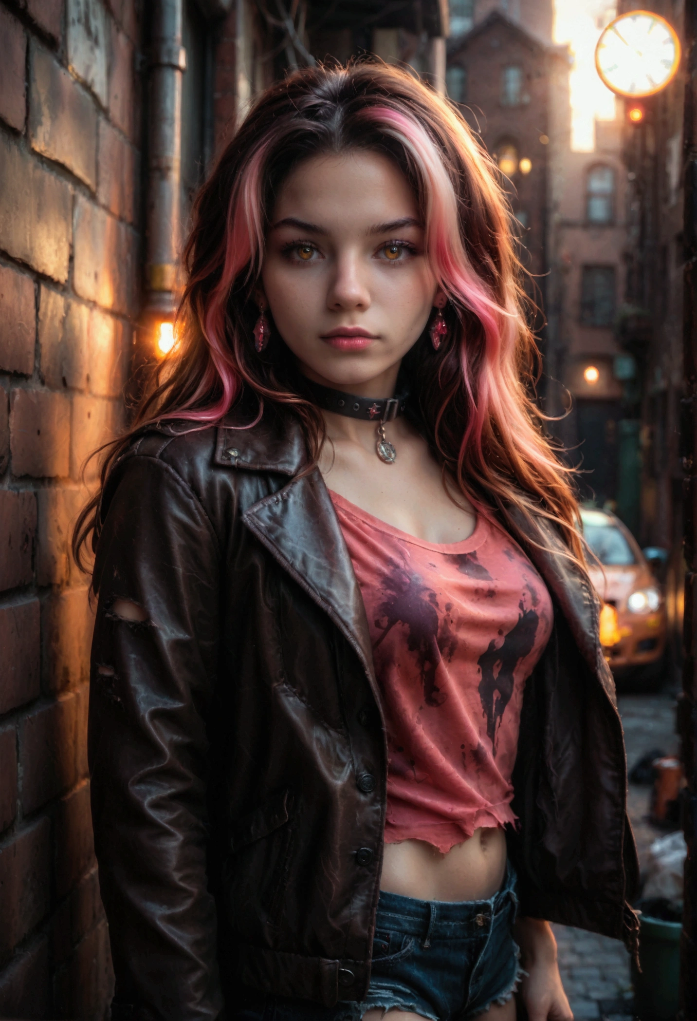 ( masterpiece , The best quality, 1  girl,Alone, intricate details,  chromatic aberration), realistic, ((medium breathing)),long hair, Red hair,  Red decoration on the head., pink highlights ,  amber eyes , earrings, Sharp eyes, collar,  Neon shirt ,  ripped shorts, jacket unbuttoned, high neck, Evening,  against the wall , brick wall, Painted,  dim lighting, Alley,  look at the spectator 