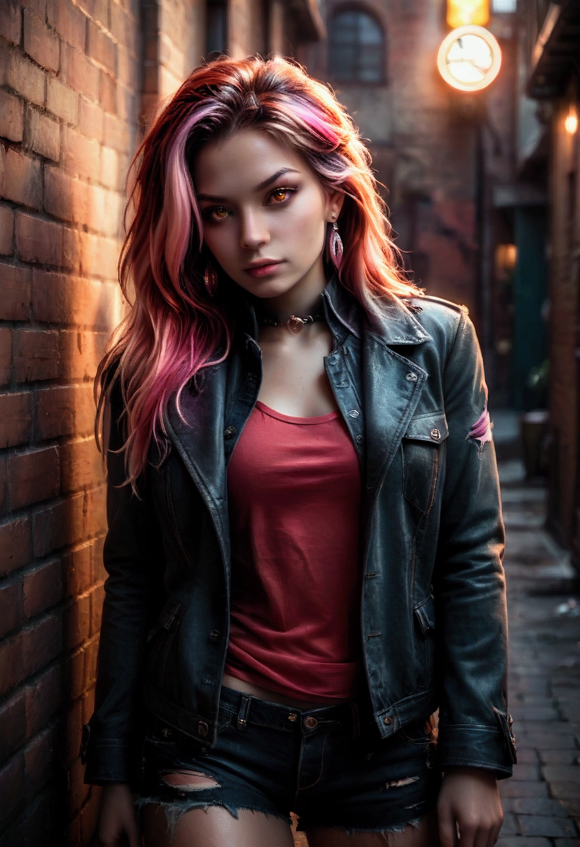 ( masterpiece , The best quality, 1  girl,Alone, intricate details,  chromatic aberration), realistic, ((medium breathing)),long hair, Red hair,  Red decoration on the head., pink highlights ,  amber eyes , earrings, Sharp eyes, collar,  Neon shirt ,  ripped shorts, jacket unbuttoned, high neck, Evening,  against the wall , brick wall, Painted,  dim lighting, Alley,  look at the spectator 