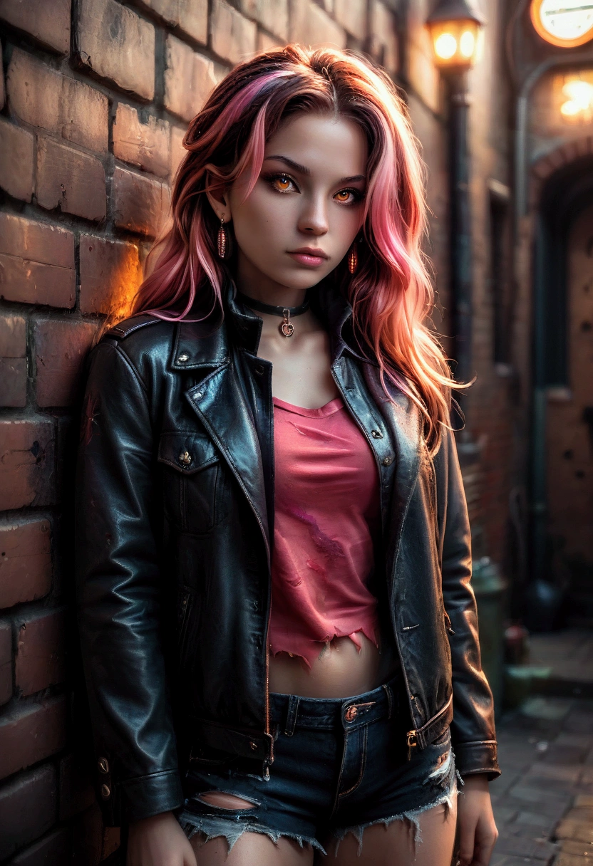 ( masterpiece , The best quality, 1  girl,Alone, intricate details,  chromatic aberration), realistic, ((medium breathing)),long hair, Red hair,  Red decoration on the head., pink highlights ,  amber eyes , earrings, Sharp eyes, collar,  Neon shirt ,  ripped shorts, jacket unbuttoned, high neck, Evening,  against the wall , brick wall, Painted,  dim lighting, Alley,  look at the spectator 