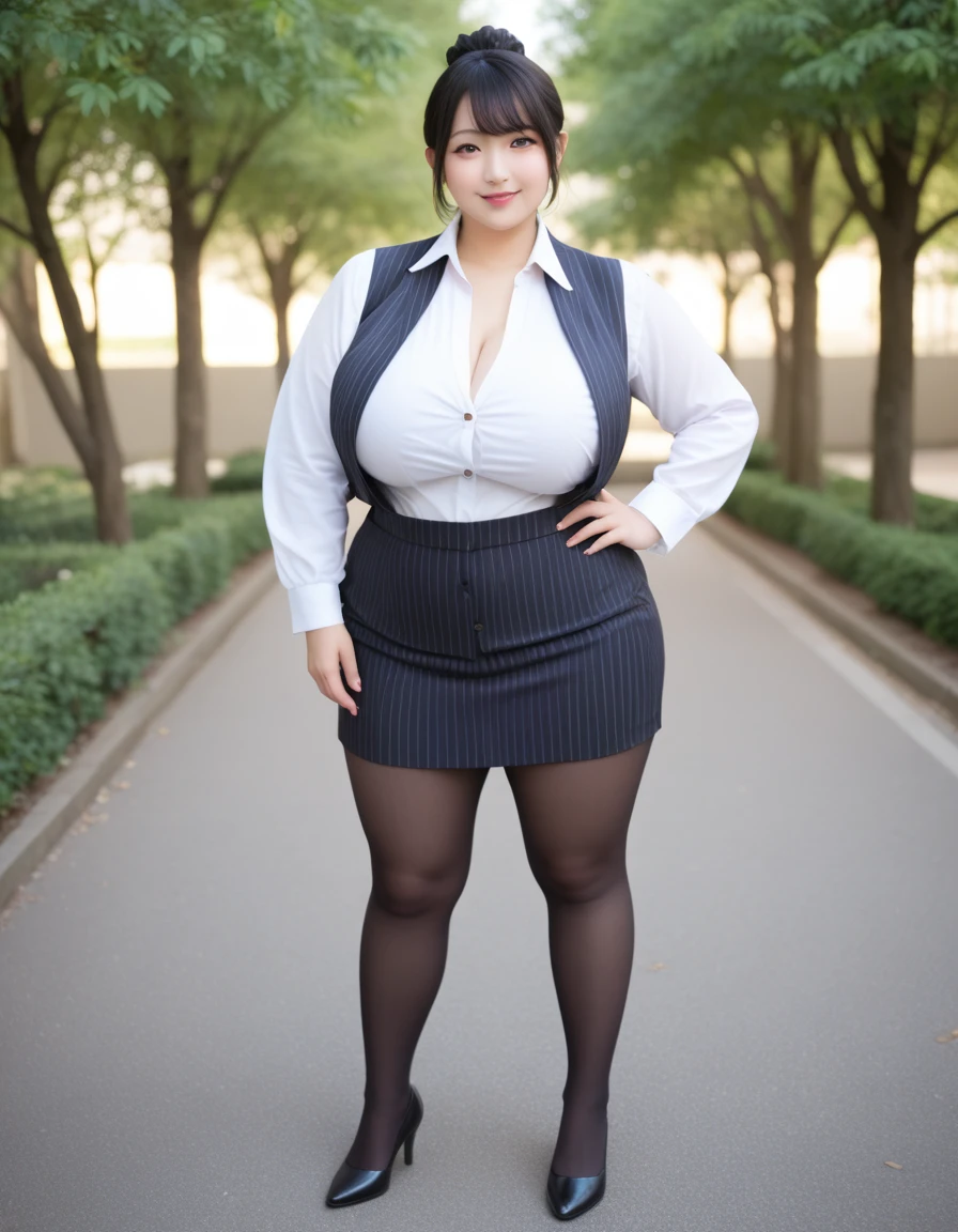 1 girl, (Full body photography)、Japanese woman, Obese, (huge breasts:1.5), Age 35, (Strike a bold pose:1.3)、(surrounded cosplay photographer:1.3), (in the park:1.2), ( black luxurious stylish black pinstripe vest)、( skip the chest button in the office district)、( silver pinstripe pattern )、( black)、White shirt、(Black pantyhose), (pumps:1.3), ultra-detailed and vivid, with realistic shadows to enhance depth and authenticity, Real person, natural lighting, (オフィス街にて:1.2)