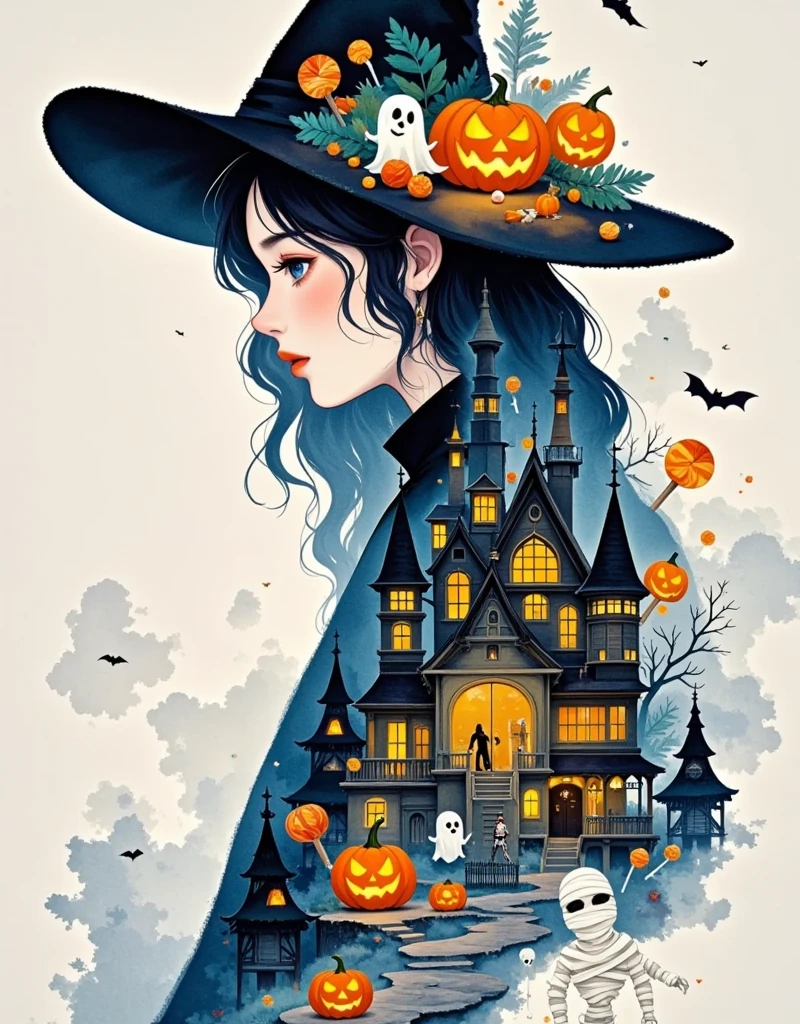 New Western style, (ink smudge), cute witch head silhouette integrated with Halloween Western-style architecture and jack-o' -lanterns, candies, ghosts, mummies and other elements, (double exposure), embodying reflection, inner peace and human connection Natural interconnected themes, dopamine tones, ink color painting, sfumato, minimalism