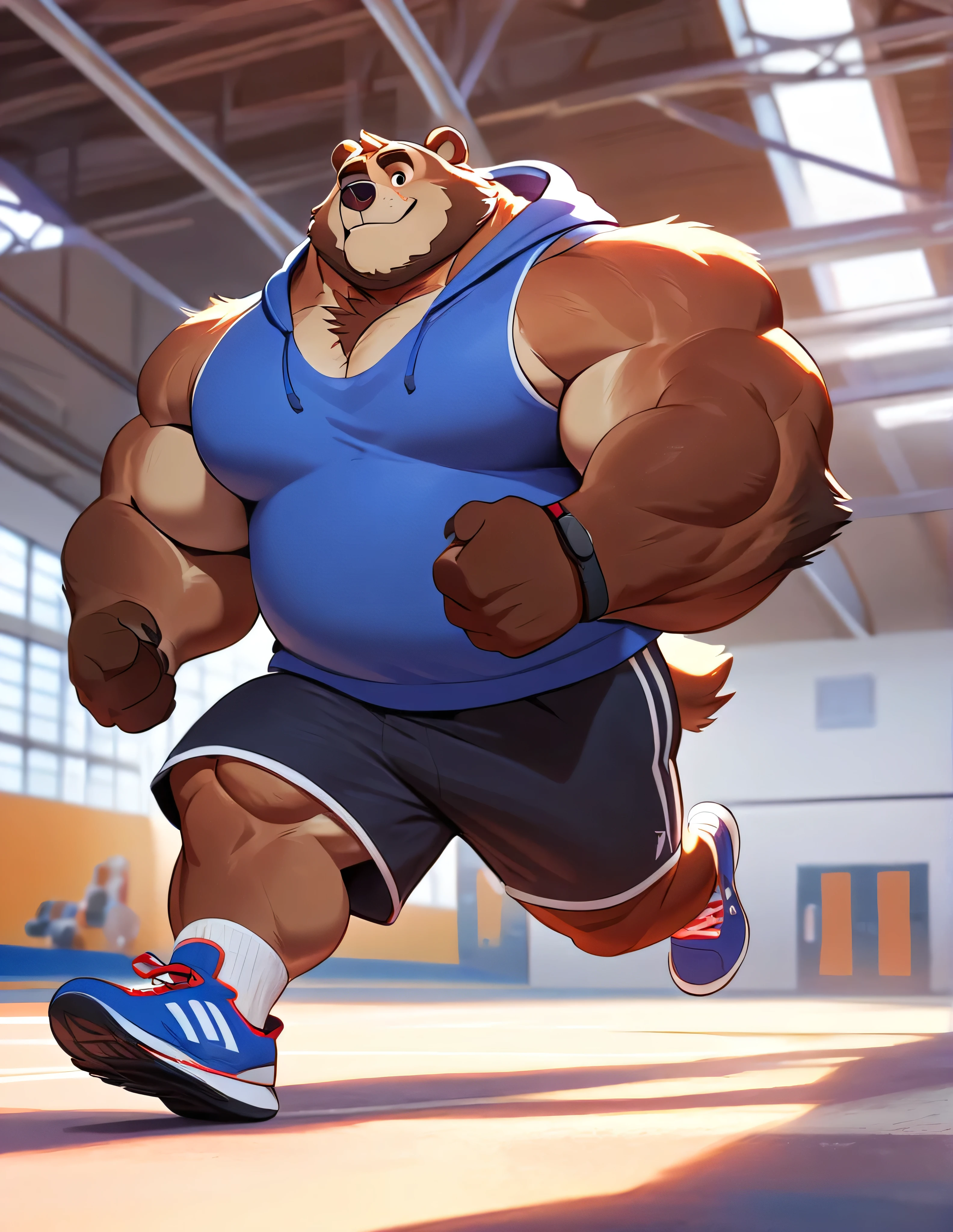 bara kodiak brown bear, strong physique, perfect anatomy, masterpiece, brown mustache and beard, wrinkles, huge brown fur, solo, great lighting, added eyes with red pupils, huge muscular, gym shorts, gym socks and shoes, hoodie sleeveless, gym watch, gym shorts, gymnasium warehouse, gym set, running, hyper muscular, height: 220cm, weight: 440lbs, thick arms, huge pectoral. Walt Disney 2D Zootopia Animation Art Style. 