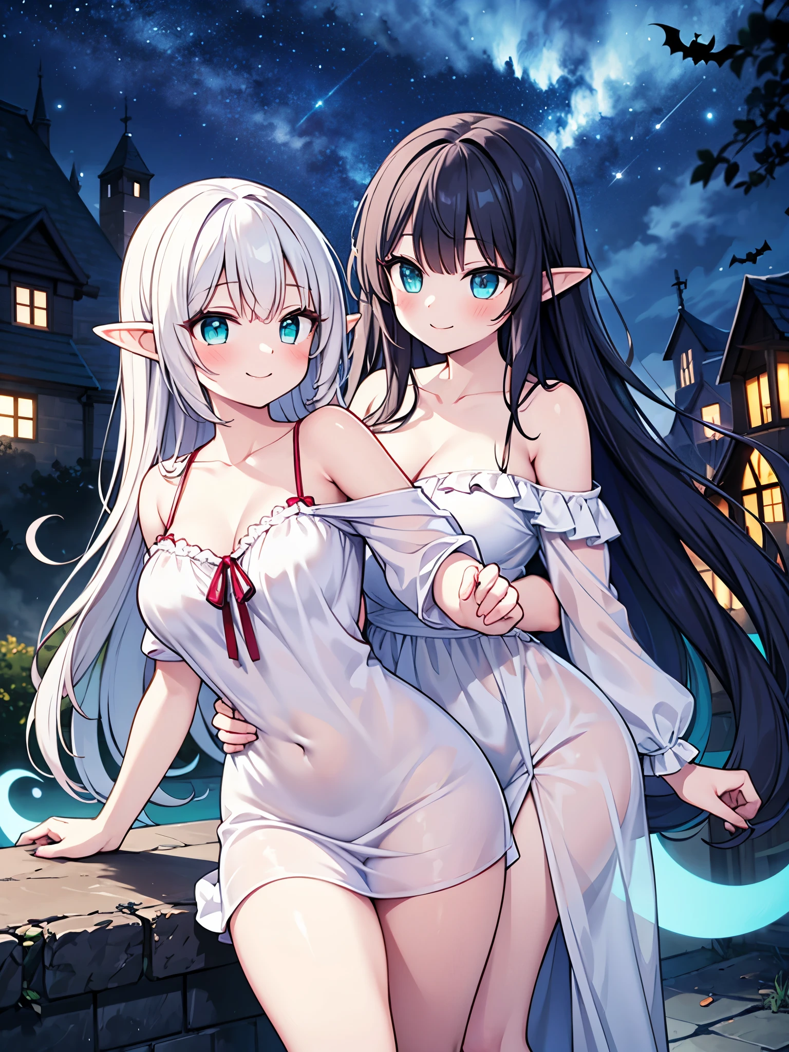 Realistic image, detailed image, coherent image, 1 elf, has turquoise eyes, very long hair, black hair, blushing, smiling, Yaeba, She has a curvy body, medium breasts and thick thighs, she is wearing a nightgown with a hollowed-out neckline, off the shoulder, ghost-like aura, She is floating in the air sensually, arching her back, bats around, starry night, mist in the environment, Halloween, dramatic shadows, volumetric lighting, natural lighting, park background