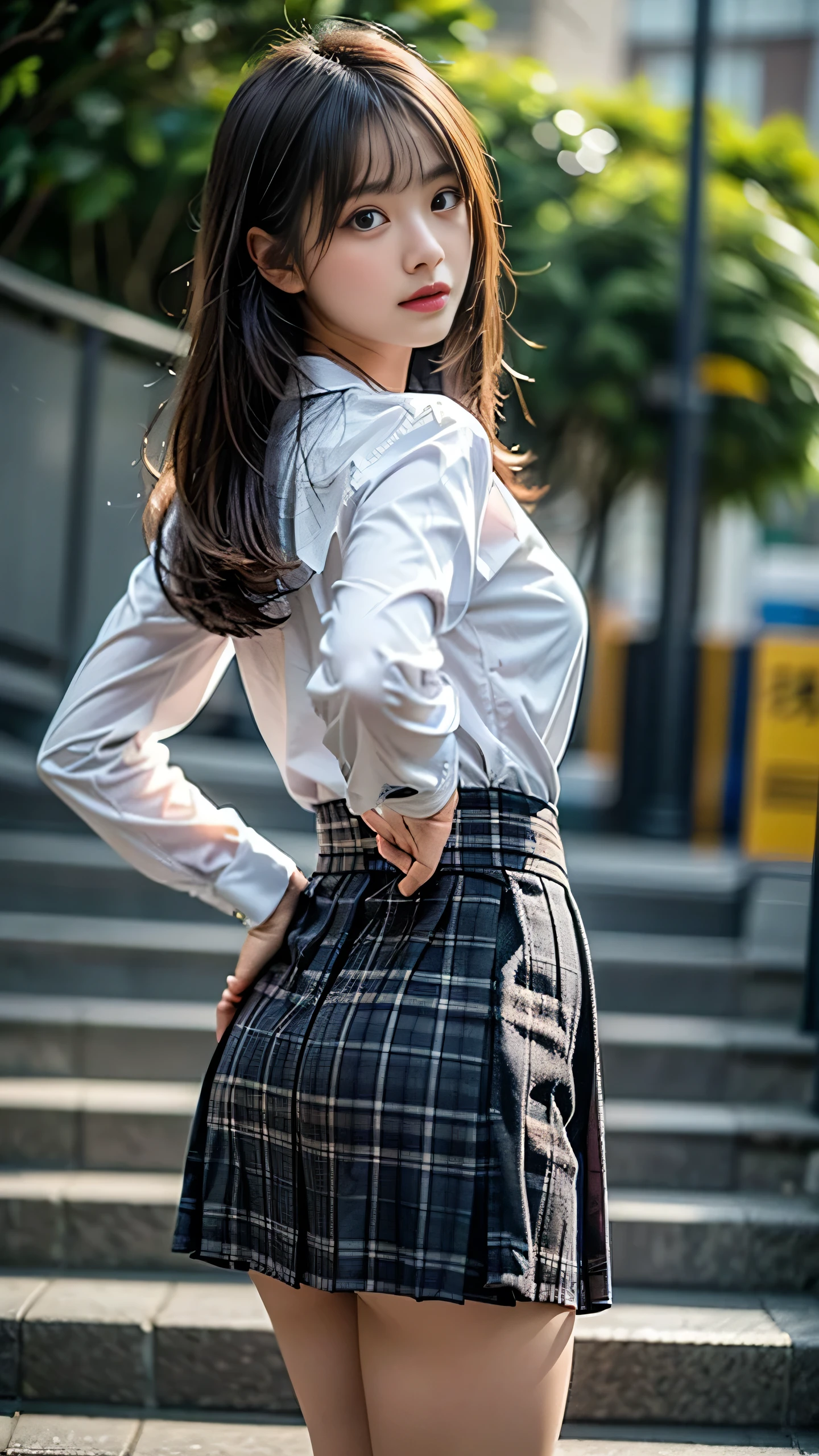 masutepiece, Best Quality, Ultra-detailed, finedetail, hight resolution, 8K Wallpaper, Perfect dynamic composition, 20yr old、without makeup、no-makeup、Amazingly cute、Beautiful detailed eyes,  Natural lips, Nurse Wear、tight skirts、(Show your ass)Skirt flipping in the wind、cleavage, Gravure Pose, full body Esbian(Skirt lift fluttering in the wind)red color lace panties、A smile