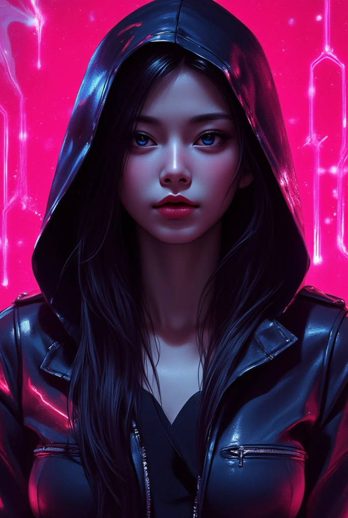 Prints for t-shirts 1girl in, solo, Looking at Viewer, Long hair, Upper body, Black hair, blue eyes, Long sleeves, hoods, Pink background, half tone, cables, neon light, (Cyberpunk style:1.2)