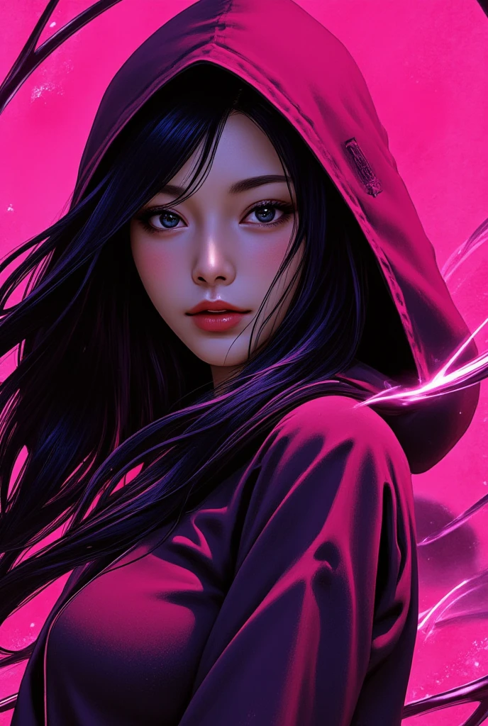 Prints for t-shirts 1girl in, solo, Looking at Viewer, Long hair, Upper body, Black hair, blue eyes, Long sleeves, hoods, Pink background, half tone, cables, neon light, (Cyberpunk style:1.2)