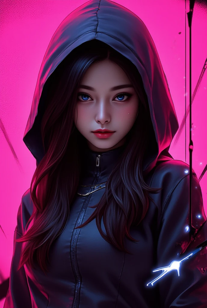 Prints for t-shirts 1girl in, solo, Looking at Viewer, Long hair, Upper body, Black hair, blue eyes, Long sleeves, hoods, Pink background, half tone, cables, neon light, (Cyberpunk style:1.2)