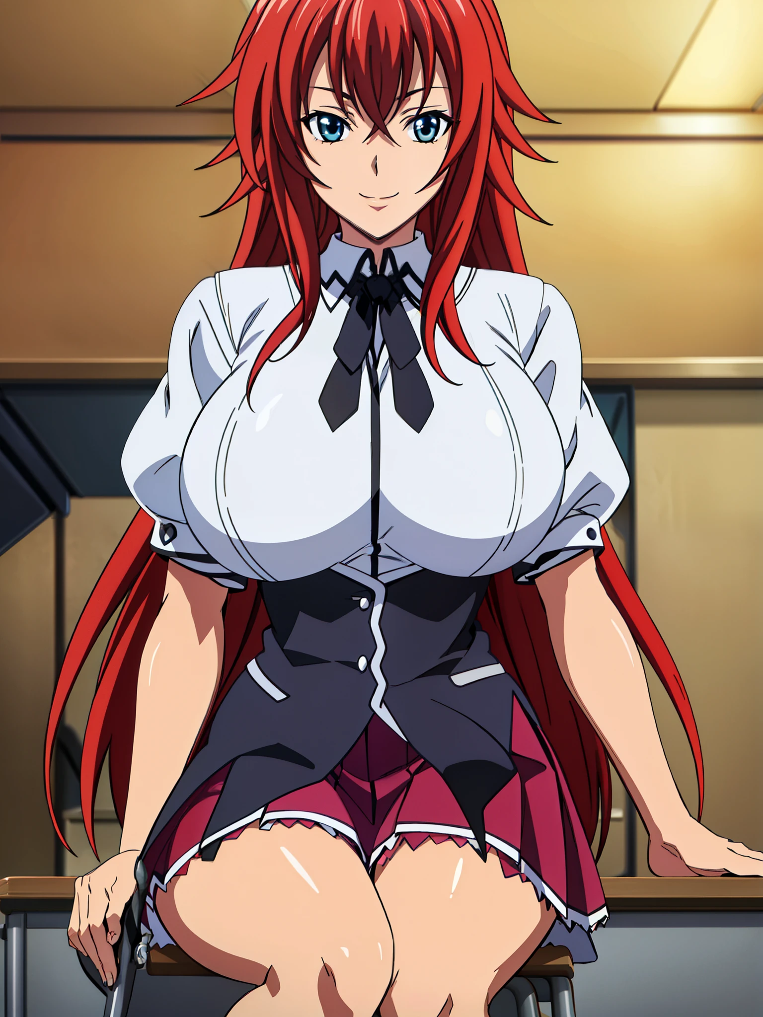  sitting on a school chair., Black Cloak, black neckwear, white shirt, Short sleeves, Red pleated skirt , Sailor collar, classroom background,  Rias Gremory ,   POV below the animated cell style, Top quality ,  high resolution, 1 woman, (Huge breasts:1.2),  beautiful face,  red hair,very long hair,  blue eyes on the desk,  Sneaking In , Smile, 