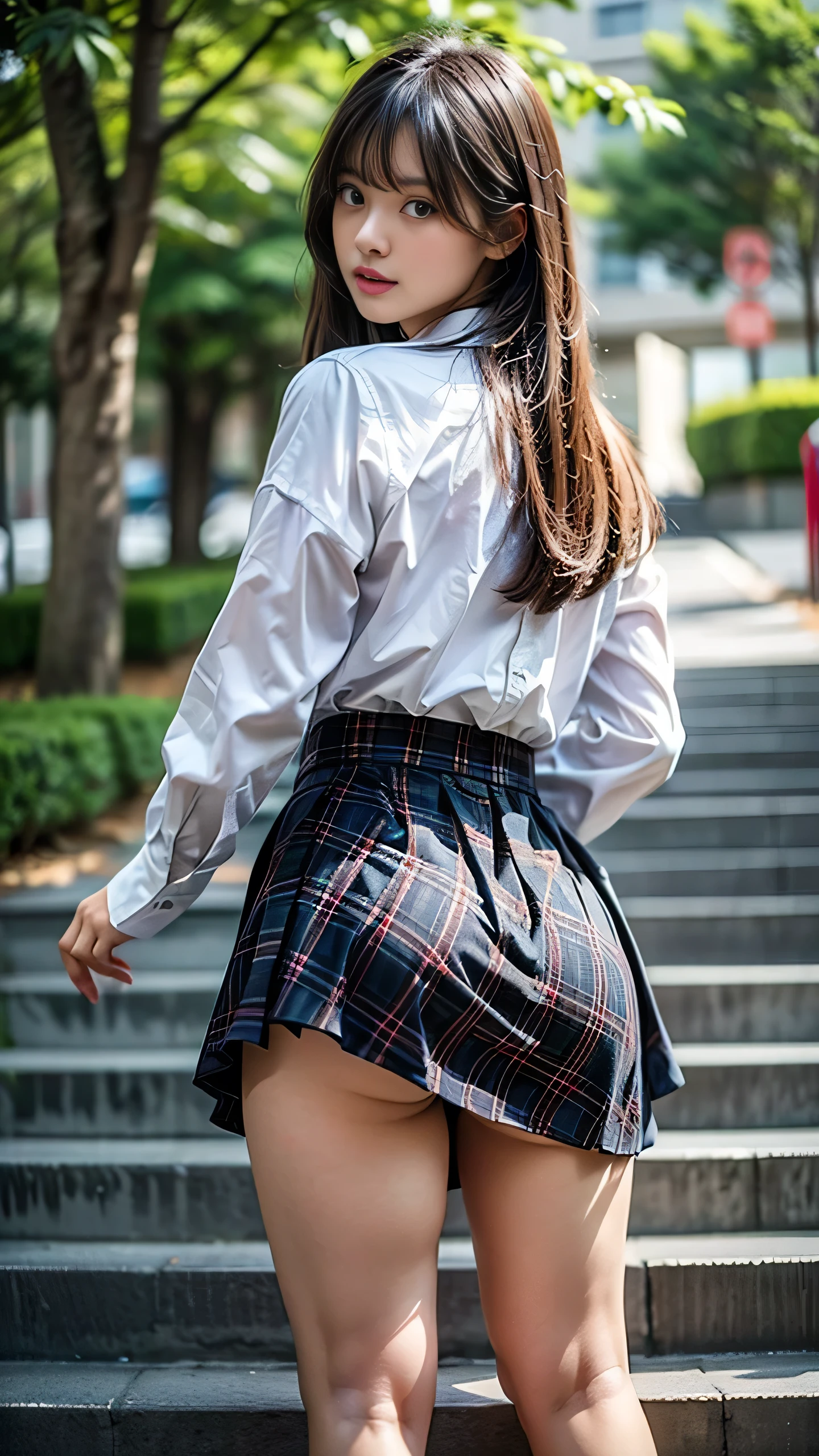 One woman，Upskirt、Angle from below、Shooting from below、Super detailed, High resolution, (Actual, Realistically: 1.4), 8K, RAW Photos, (Highest quality),rendering, Brown Hair、White sweatshirt、(Lift up your skirt)、Upturned buttocks，((Stick your butt out))、(Ruffled panties)、whole body、Look Back、Detailed panties、Realistic panty texture、With red cheeks、lure、Remove panties and show anus