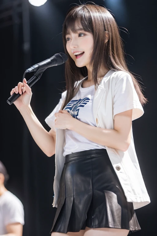 High resolution, Raw photo, Photorealistic, Extremely delicate and beautiful, Extremely detailed, finely detail, Highly detailed CG Unity 8k wallpaper, Ultra-detailed, (Best Quality, 8K, 32K, masterpiece, UHD:1.2), Photo of beautiful Japanese woman, pose, singing on stage, holding a microphone, t-shirt, skirt, jacket, knee highs, medium hair, straight hair, bangs, brown hair, white t-shirt, dark blue pleated skirt, black leather jacket, beautiful and detailed face, clear and beautiful long slit eyes, delicate figure, skinny, serious, upper teeth, stare viewer, looking back,