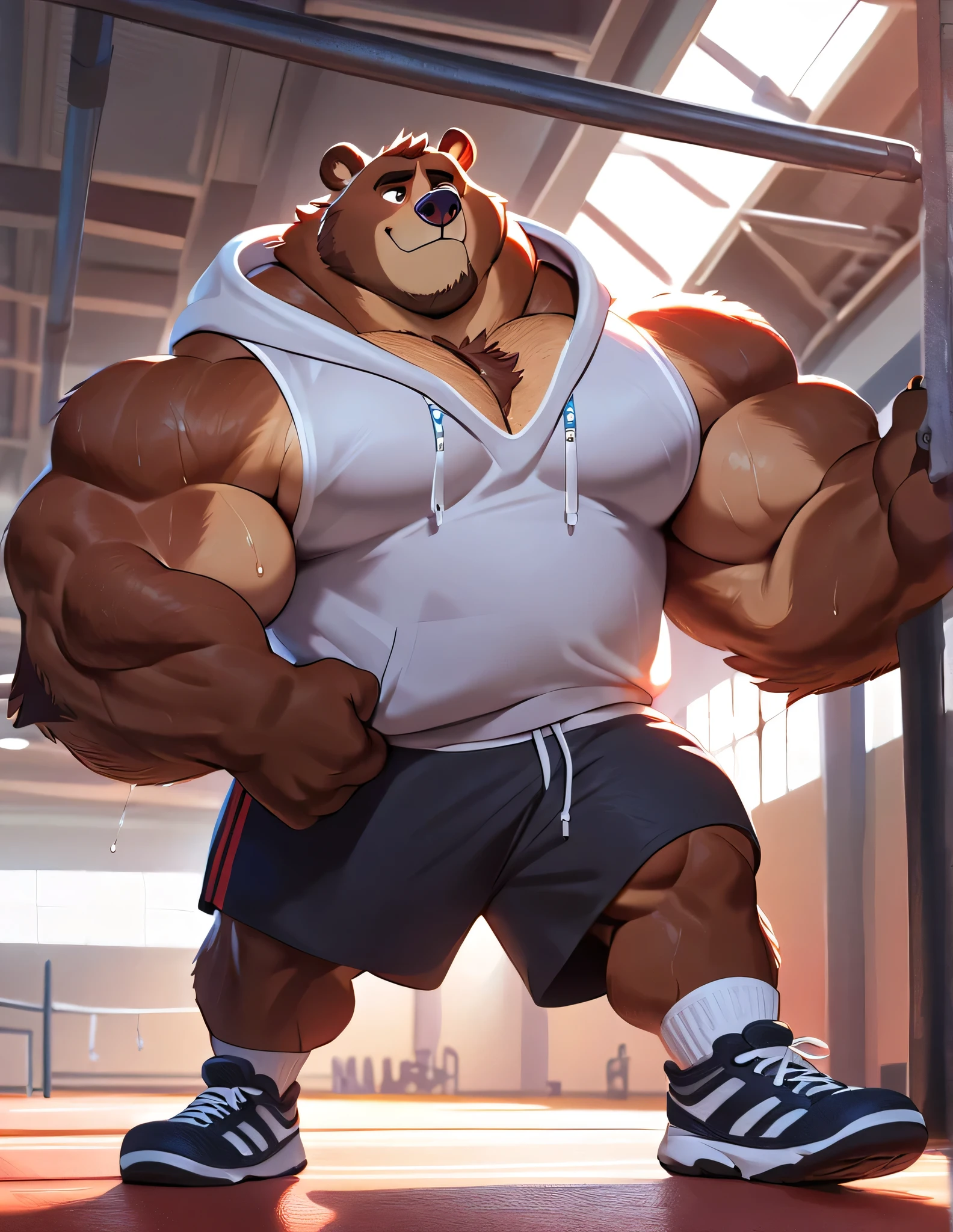 bara kodiak brown bear, strong physique, perfect anatomy, masterpiece, brown mustache and beard, wrinkles, huge brown fur, solo, great lighting, added eyes with red pupils, huge muscular, gym shorts, gym socks and shoes, hoodie sleeveless, gym watch, gym shorts, gymnasium warehouse, gym set, cable rowdown, working out, sweating, hyper muscular, height: 220cm, weight: 440lbs, thick arms, huge pectoral. Walt Disney 2D Zootopia Animation Art Style. 