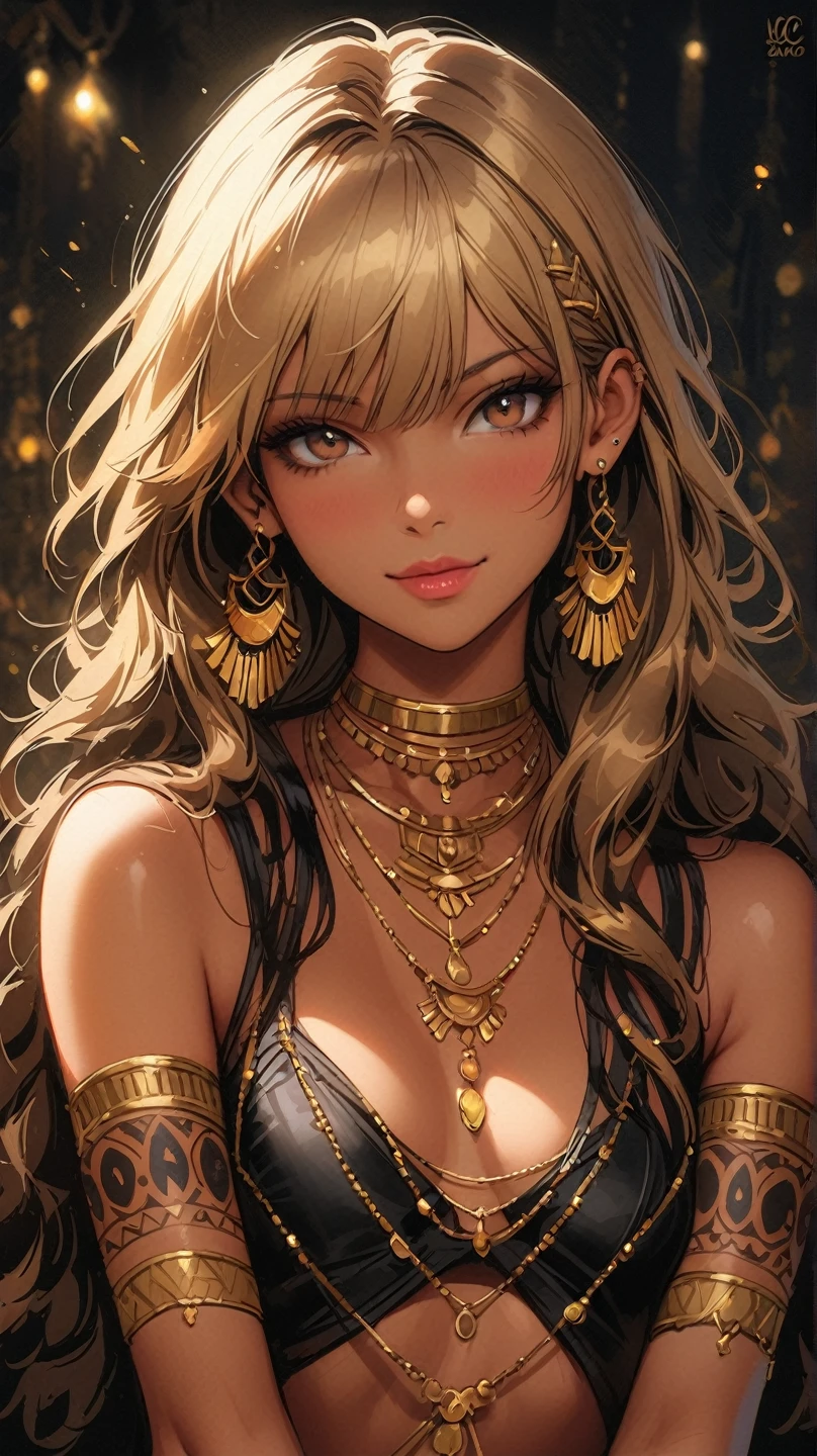 Solo, girl, tan skin, leopard ears and a tail, leopard markings face, golden jewelry and wears black clothing hints of gold black top, black Loincloths around her hips she wears golden sharp fingernail guards. darkish gold hair fades to bright gold is curly hair goes into one big braid, grey eyes, gold pupils. tan skin and moles on her left side cheek and one by her right eye she haves black triangle markings on both of her legs and only right arm