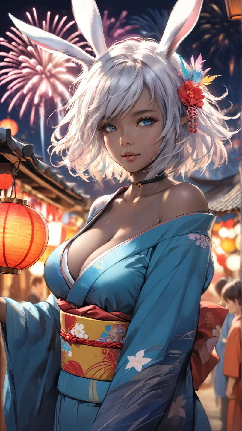 best quality,4k,8k,highres,masterpiece:1.2),ultra-detailed, extremely detailed eyes, extremely detailed body, (large masterpiece digital art), (detailed manga illustration), (detailed line art), ((perfect anatomy)), (intricate details:1.3), (ultra-detailed:1.3), (illustration:1.3), (sharp focus:1.3), (natural lighting:1.05), (vivid colors:1.3), (masterpiece), best quality, expressive eyes, perfect face, 1girl, animal ears, bare shoulders, {blue eyes}, blurry, bracelet, breasts, choker, cleavage, cowboy shot, depth of field, festival, fireworks, heart, heart choker, Japanese clothes, jewelry, kimono, large breasts, looking at viewer, mask, mole, mole under mouth, obi, off shoulder, parted lips, rabbit ears, ribbon-trimmed legwear, ribbon trim, sash, short hair, white hair, short kimono, short yukata, skin dentation, smile, solo, thigh-highs, Viera, {{dark skin}}, dark skinned woman, wide sleeves, green yukata, cinematic lighting, warm atmosphere, final fantasy,