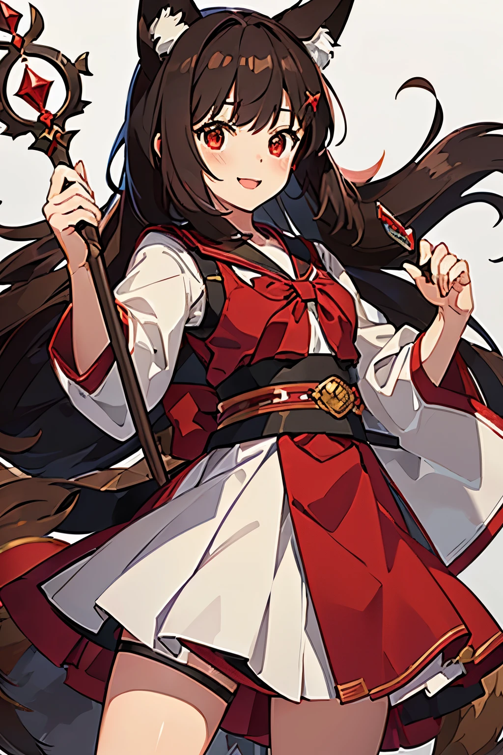 female character, fox ears, pigtail hair, dark brown hair, (((red sash))), classic red and white cleric costume, sweet smile, thin, magic scepter in hand, hand drawn anime style