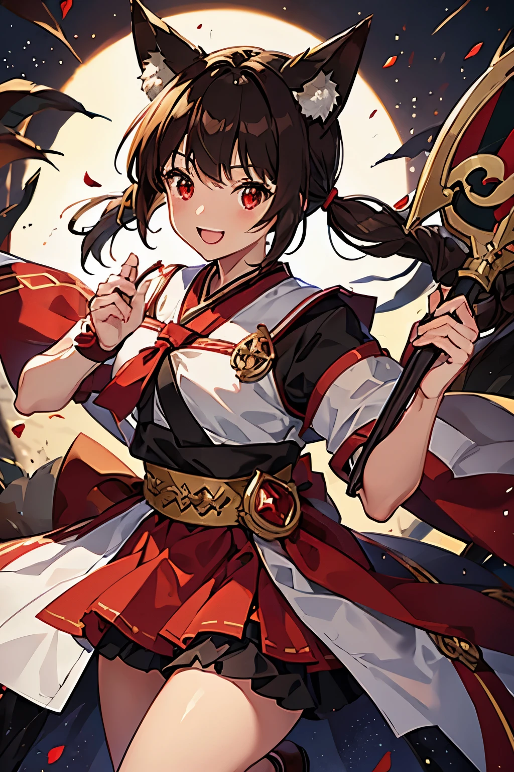 female character, fox ears, pigtail hair, dark brown hair, (((red sash))), classic red and white cleric costume, sweet smile, thin, magic scepter in hand, hand drawn anime style