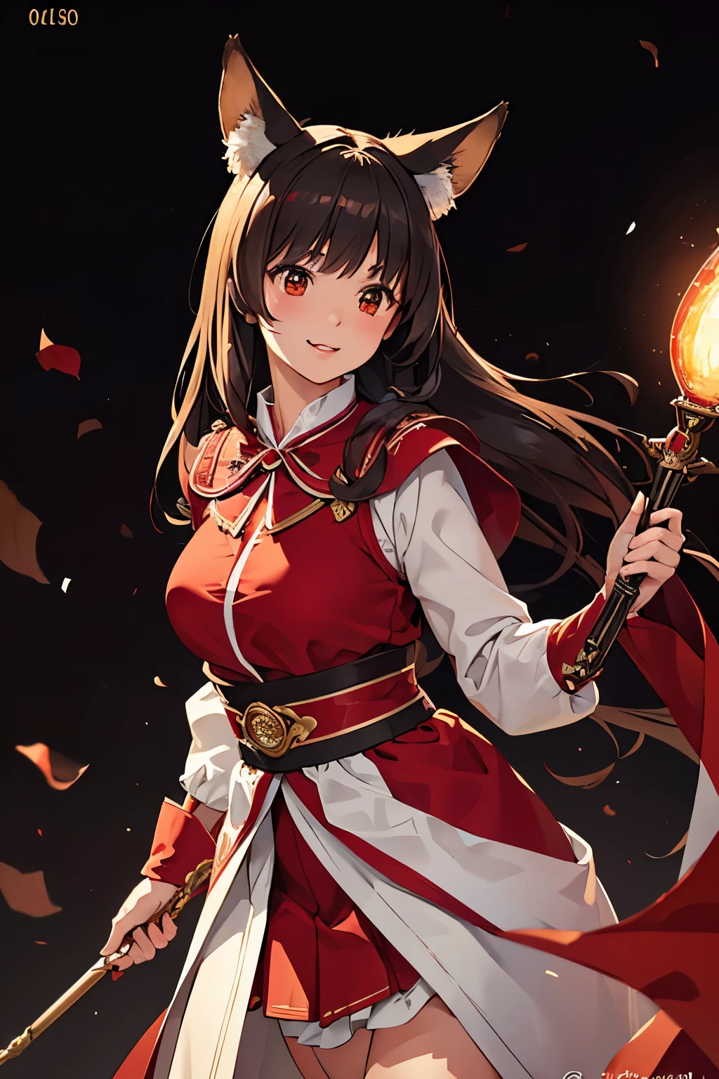 a beautiful girl with fox ears and pigtail hair, dark brown hair, wearing a classic red and white cleric costume with a red sash, holding a magic scepter, smiling sweetly, thin figure, hand-drawn anime style, (best quality,4k,8k,highres,masterpiece:1.2),ultra-detailed,(realistic,photorealistic,photo-realistic:1.37),intricate details, vibrant colors, dramatic lighting, cinematic composition