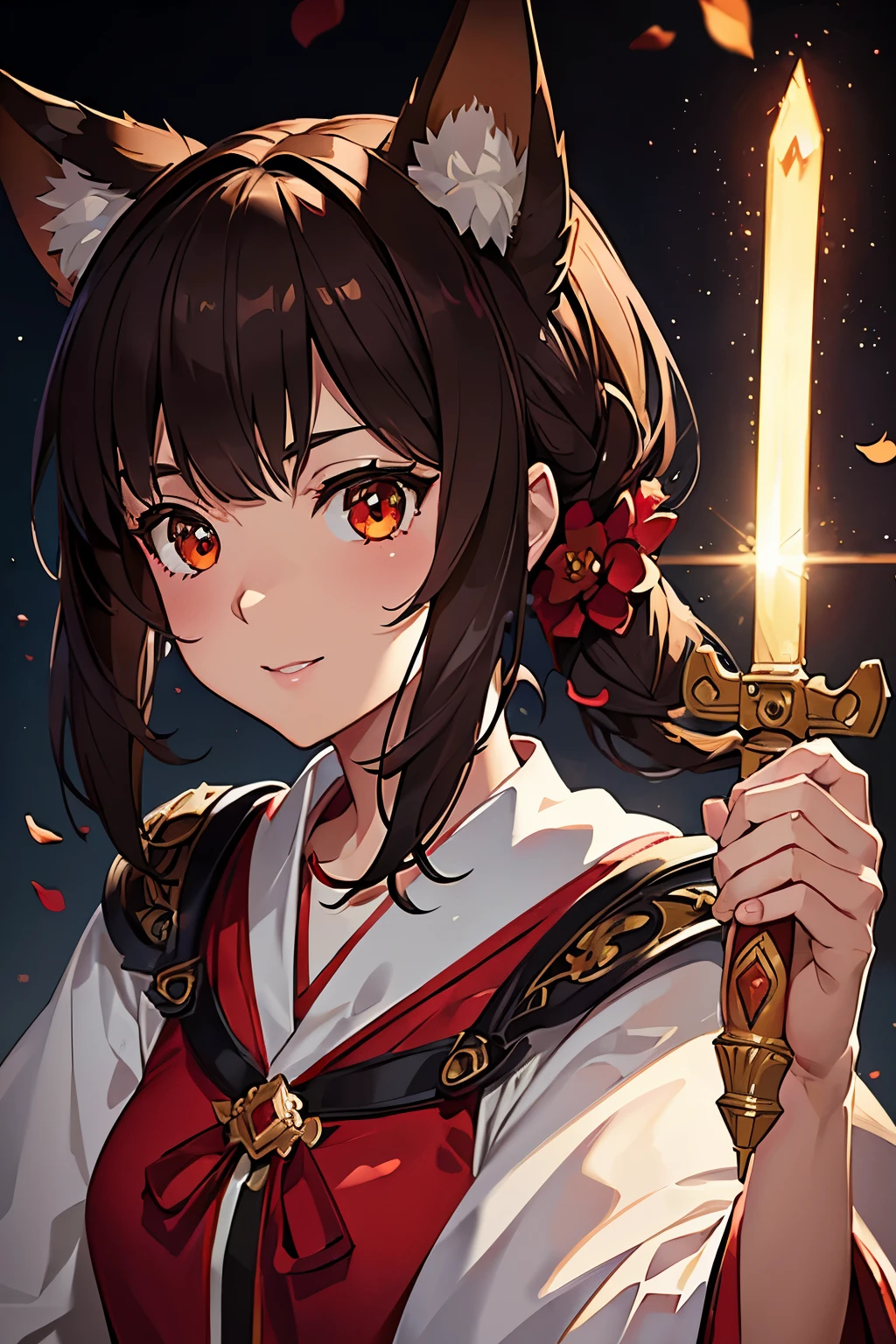 a beautiful girl with fox ears and pigtail hair, dark brown hair, wearing a classic red and white cleric costume with a red sash, holding a magic scepter, smiling sweetly, thin figure, hand-drawn anime style, (best quality,4k,8k,highres,masterpiece:1.2),ultra-detailed,(realistic,photorealistic,photo-realistic:1.37),intricate details, vibrant colors, dramatic lighting, cinematic composition