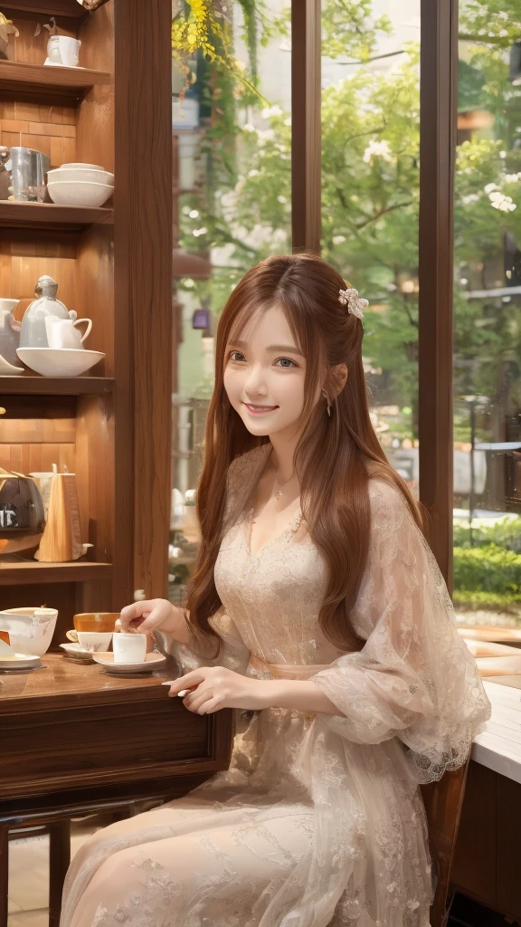 Korean woman with long reddish-brown hair smiles warmly while sitting in a cozy, modern café. She is dressed in a delicate white lace top, exuding a relaxed yet stylish vibe. The café background features soft lighting, a coffee machine, and cups arranged neatly, creating a warm and inviting atmosphere. The setting suggests a peaceful and intimate moment, with a casual and friendly ambiance. The woman’s outfit and posture are elegant yet casual, enhancing the overall aesthetic of a trendy urban café scene.