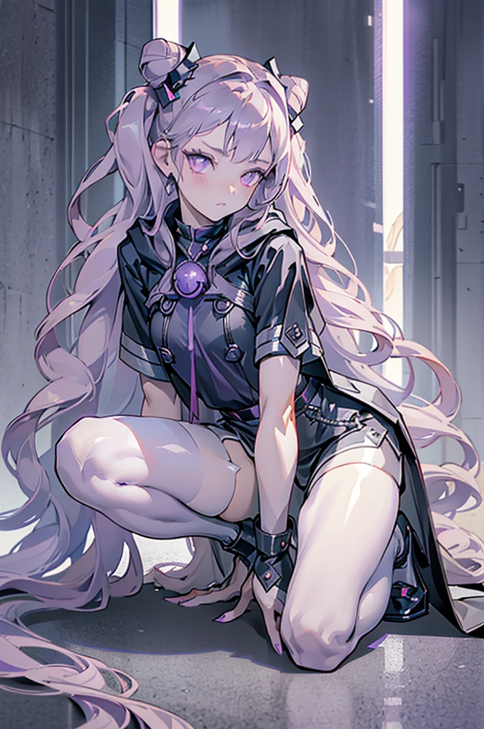 Super detailed, NSFW, masterpiece, High resolution, Photorealistic digital art, perfect lighting, boy, thoughtful look, open forehead, curved horns. dark purple long hair braided in a bun to the side with a ribbon with a bell. bottomless white and purple eyes. long dark purple t-shirt. short dark purple shorts with straps. dark purple knee-high stockings. black patent leather shoes. dark purple cloak with a hood. moon in a dark purple sky