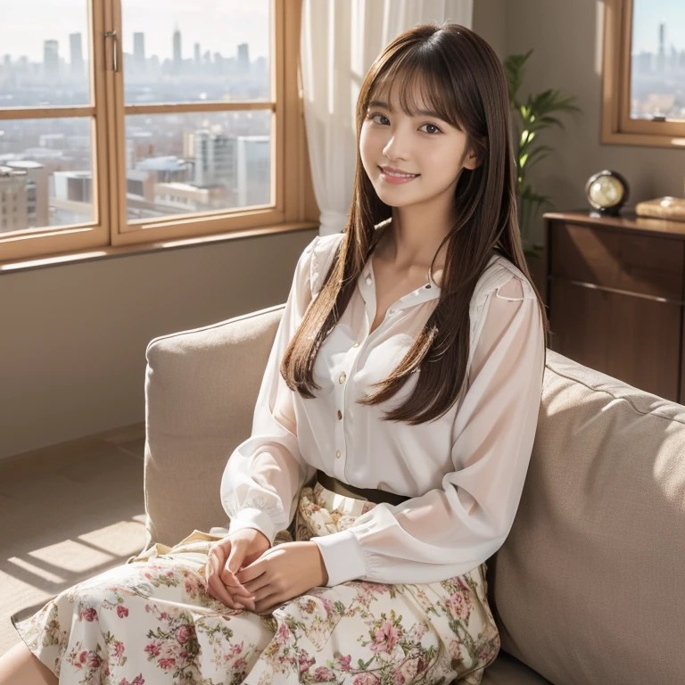 Beautiful and cute woman in a hotel lounge、The person looking at me is wearing a white shirt or blouse.。