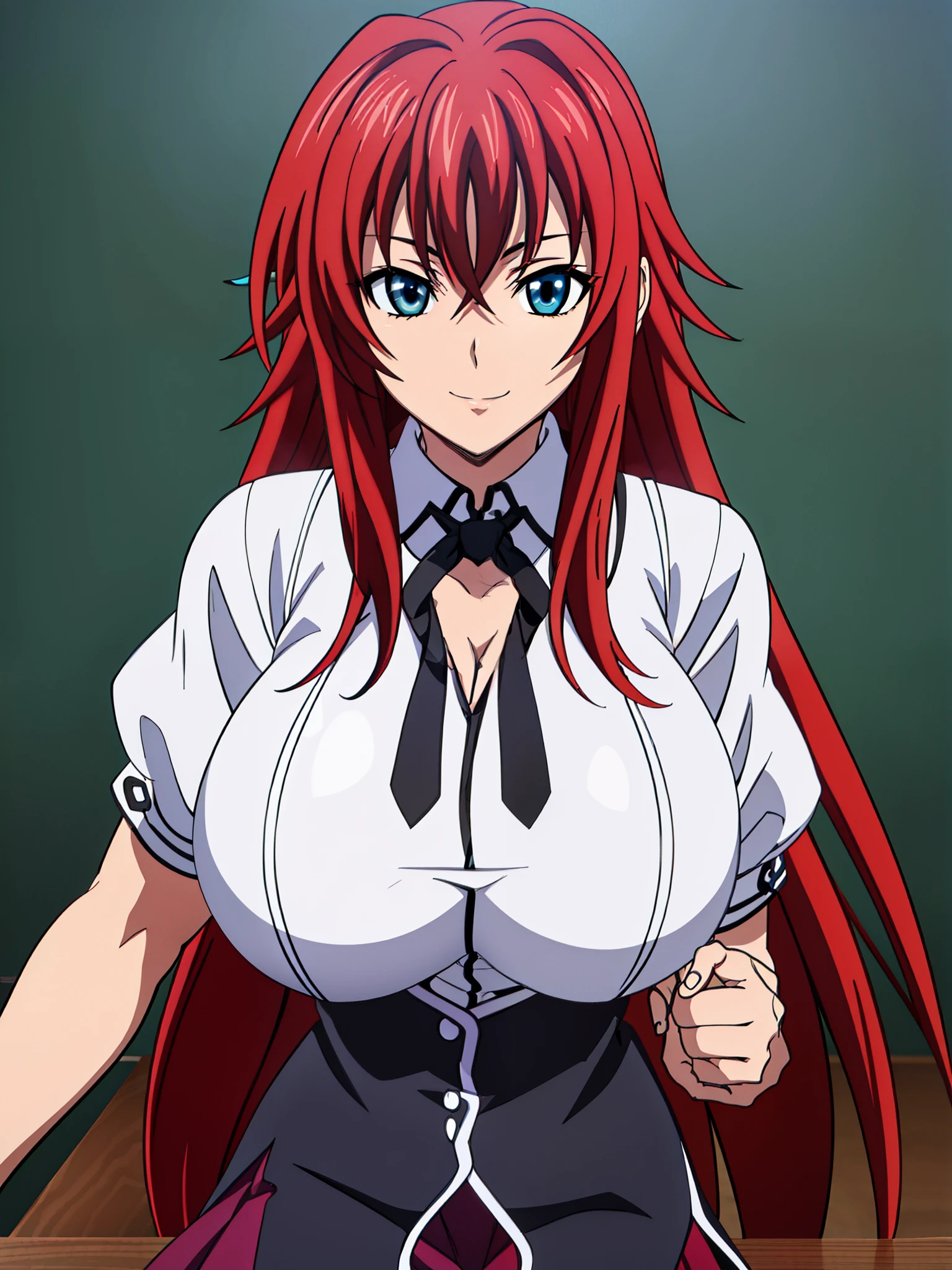  sitting on a school chair., Black Cloak, black neckwear, white shirt, Short sleeves, Red pleated skirt , Sailor collar, classroom background,  Rias Gremory ,   POV below the animated cell style, Top quality ,  high resolution, 1 woman, (Huge breasts:1.2),  beautiful face,  red hair,very long hair,  blue eyes on the desk,  Sneaking In , Smile, Cleavage