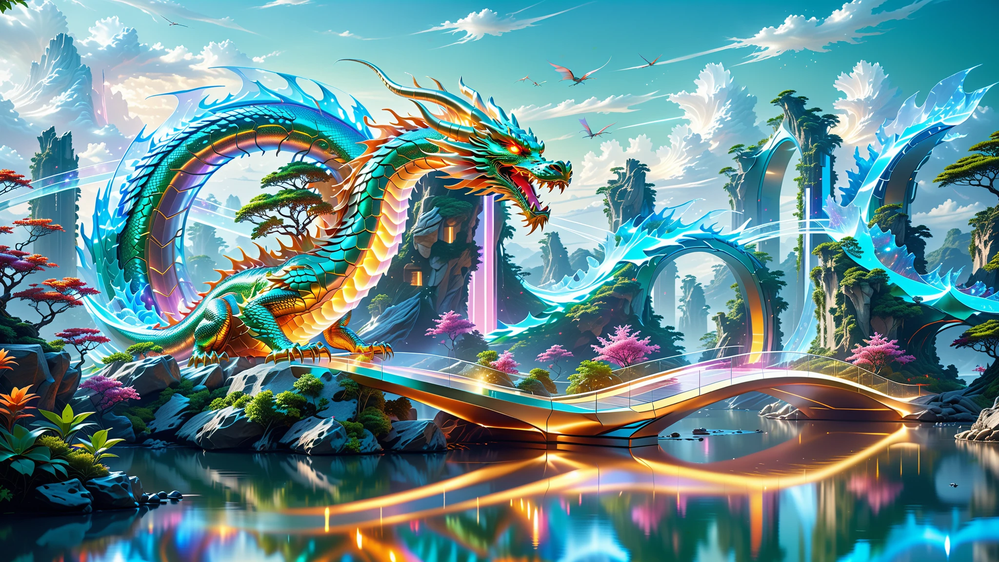 A Masterpiece In 32K Resolution, Supreme Quality, Super Detail, Official Art, Very High-Resolution 32K Wallpaper. Gleaming And Technological, Ultra-Detailed Features. An Ethereal Dragon Made Of Light And Energy, Twisting Through A Landscape Of Floating Islands And Transparent Bridges. The Surrounding Environment Is A Fusion Of Futuristic Architecture And Lush Greenery. The Dragon’s Radiant Aura Illuminates The Path Ahead, Merging The Elements Of Nature And Modern Innovation In Perfect Unison.