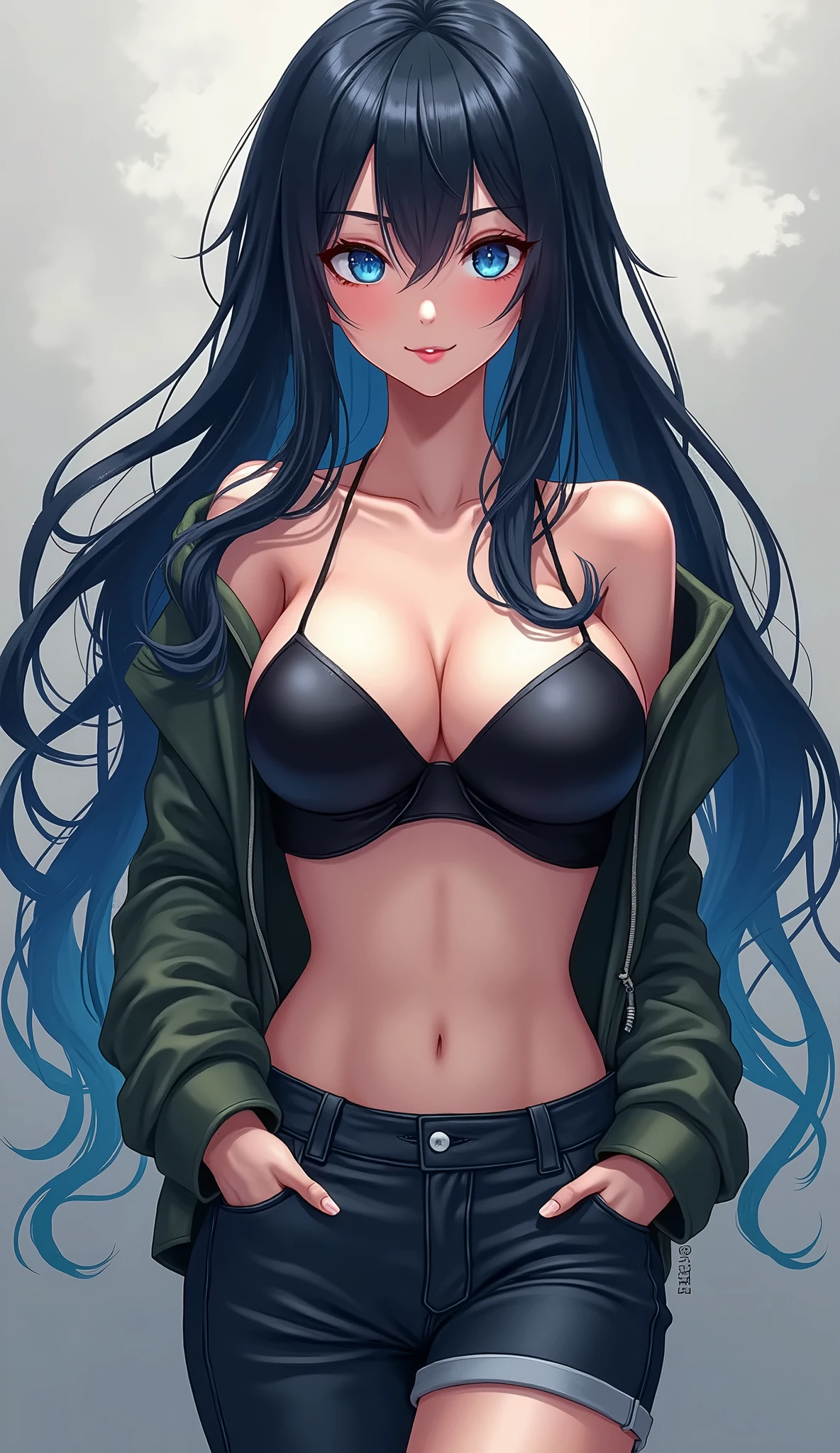 young girl, long blue hair, pink eyes, white robe, hat, open belly, side breast, pants, smirk, Masterpiece, highly quality