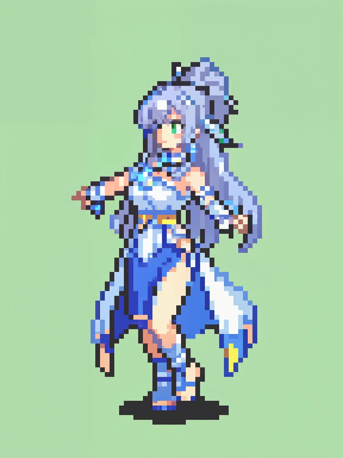 (high-quality, breathtaking),(expressive eyes, perfect face) 1girl, female, portrait, solo, young adult, neutral expression, cute smile, Symmetrical Eyes, Symmetrical ears, grey background, long hair, wavy spiky hair, white hair, green eyes, danceroutfit, blue danceroutfit, elegant, pixelart, fe3h
