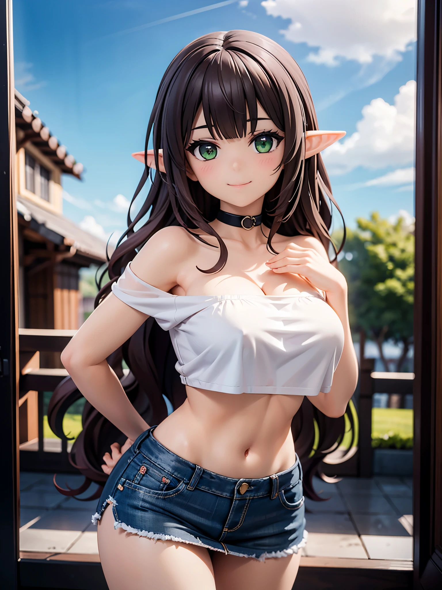 Official art、Top quality ultra-detailed CG art、a beauty elf：１.２）、Long wavy dark brown hair、Glossy hair、smooth hair、large green eyes,Mid summer、kawaii、The sky is warm、Cute、front bangs、full hair,  Pink choker、Blue off shoulder crop top、smile, full body veiw, panties, short skirt, mostly naked